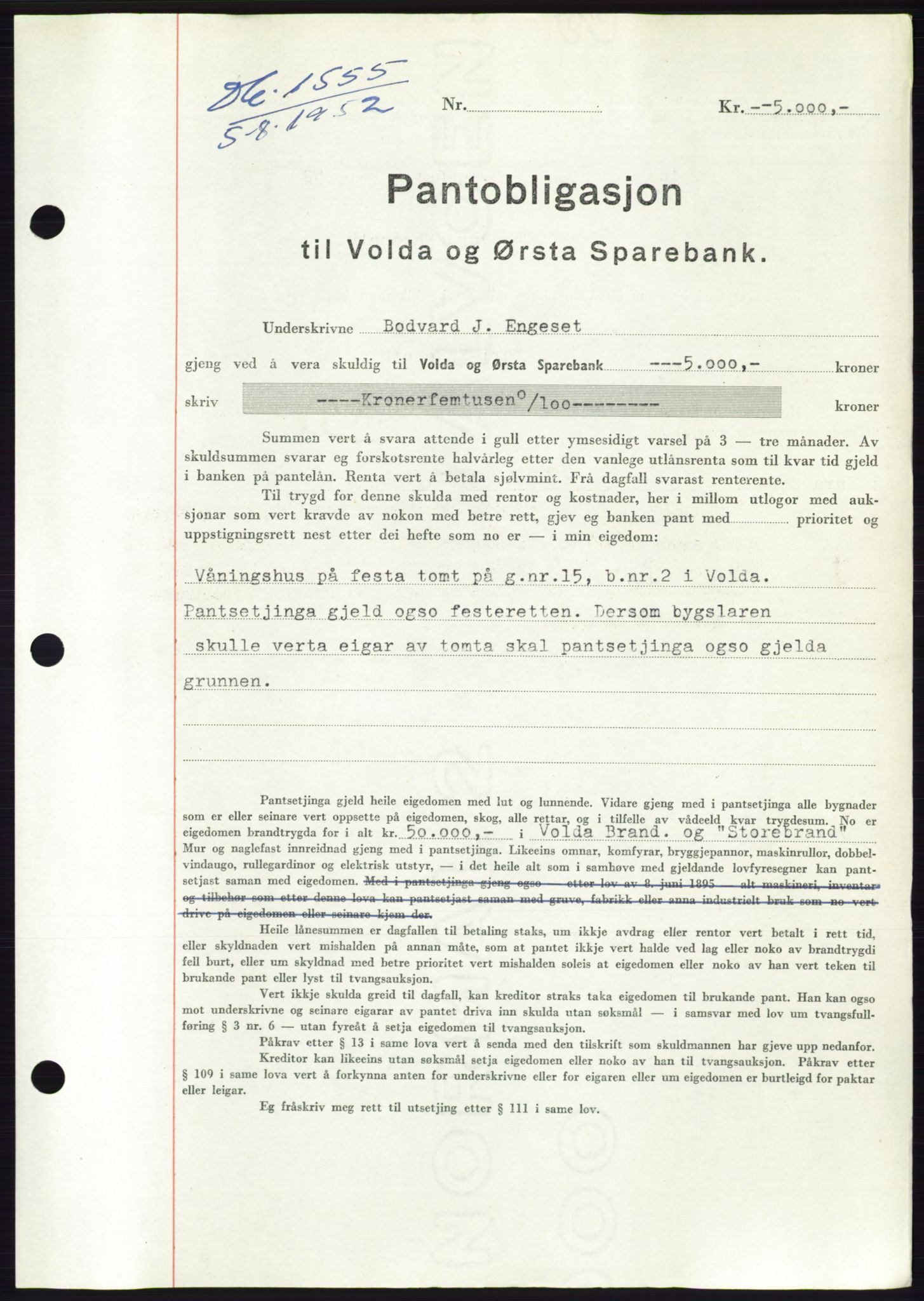 Søre Sunnmøre sorenskriveri, AV/SAT-A-4122/1/2/2C/L0121: Pantebok nr. 9B, 1951-1952, Dagboknr: 1555/1952