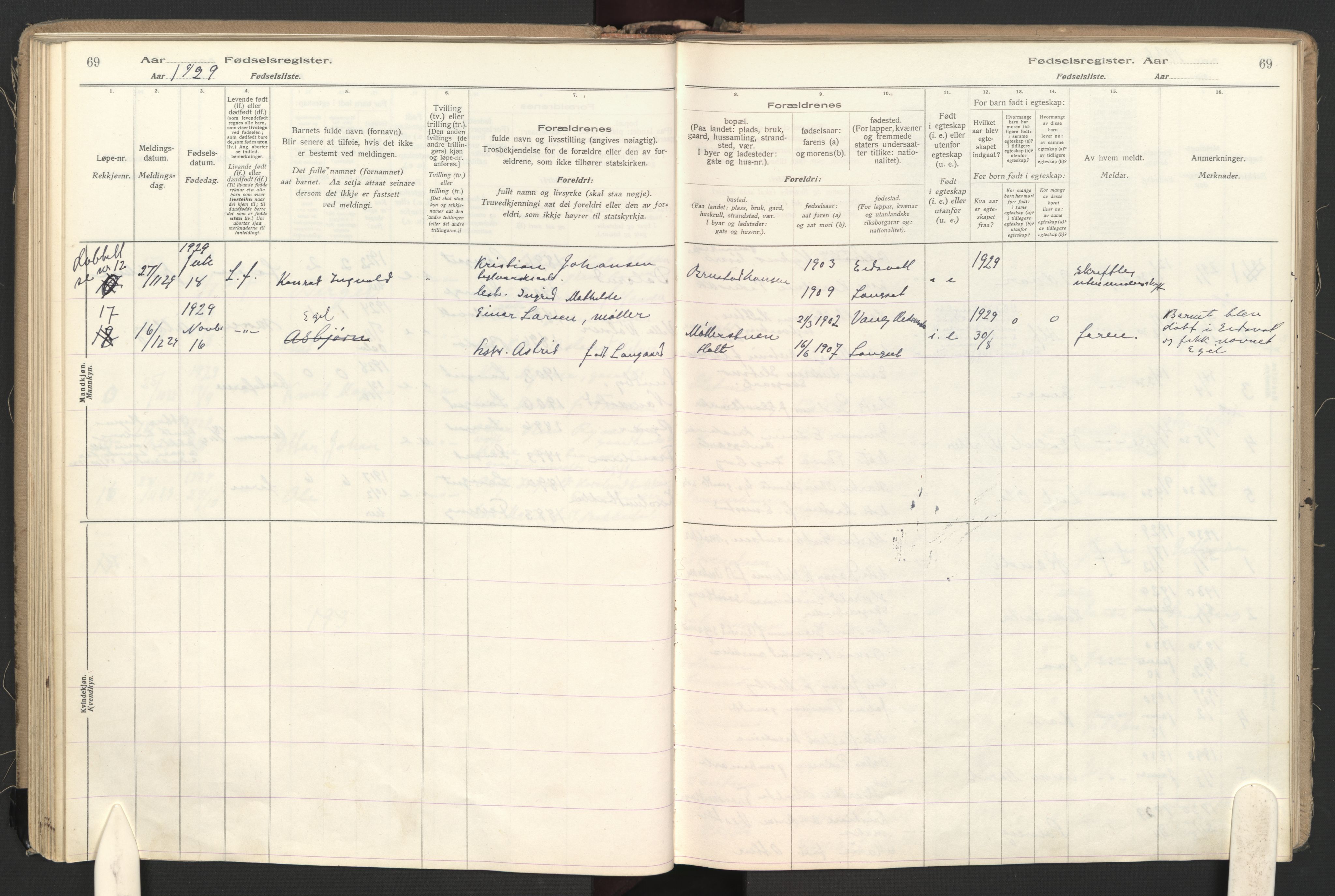 Eidsvoll prestekontor Kirkebøker, SAO/A-10888: Fødselsregister nr. II 1, 1916-1959, s. 69