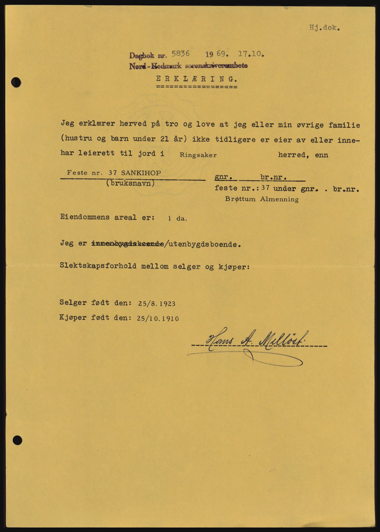 Nord-Hedmark sorenskriveri, SAH/TING-012/H/Hc/L0031: Pantebok nr. 31, 1969-1969, Dagboknr: 5836/1969