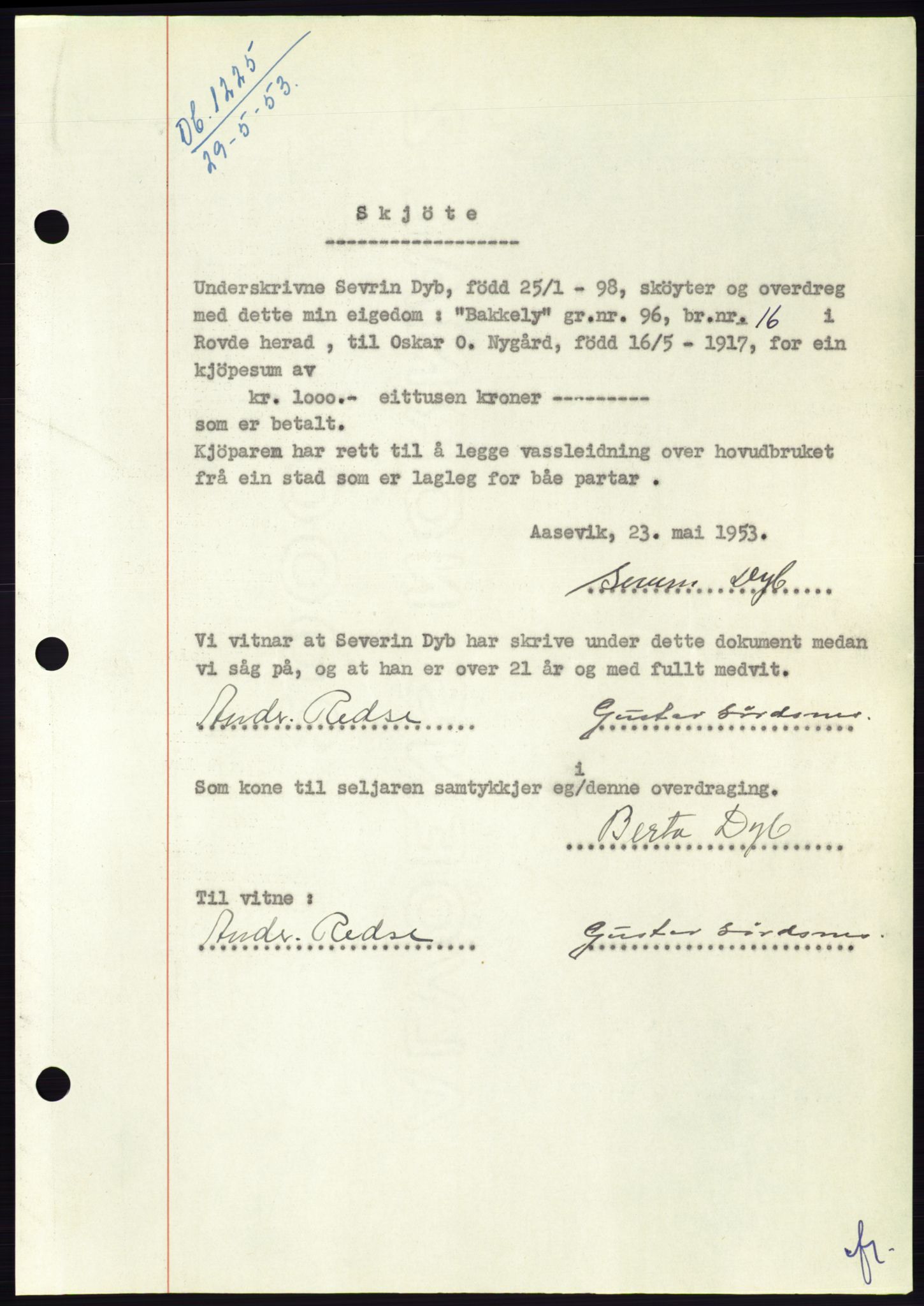 Søre Sunnmøre sorenskriveri, AV/SAT-A-4122/1/2/2C/L0095: Pantebok nr. 21A, 1953-1953, Dagboknr: 1225/1953