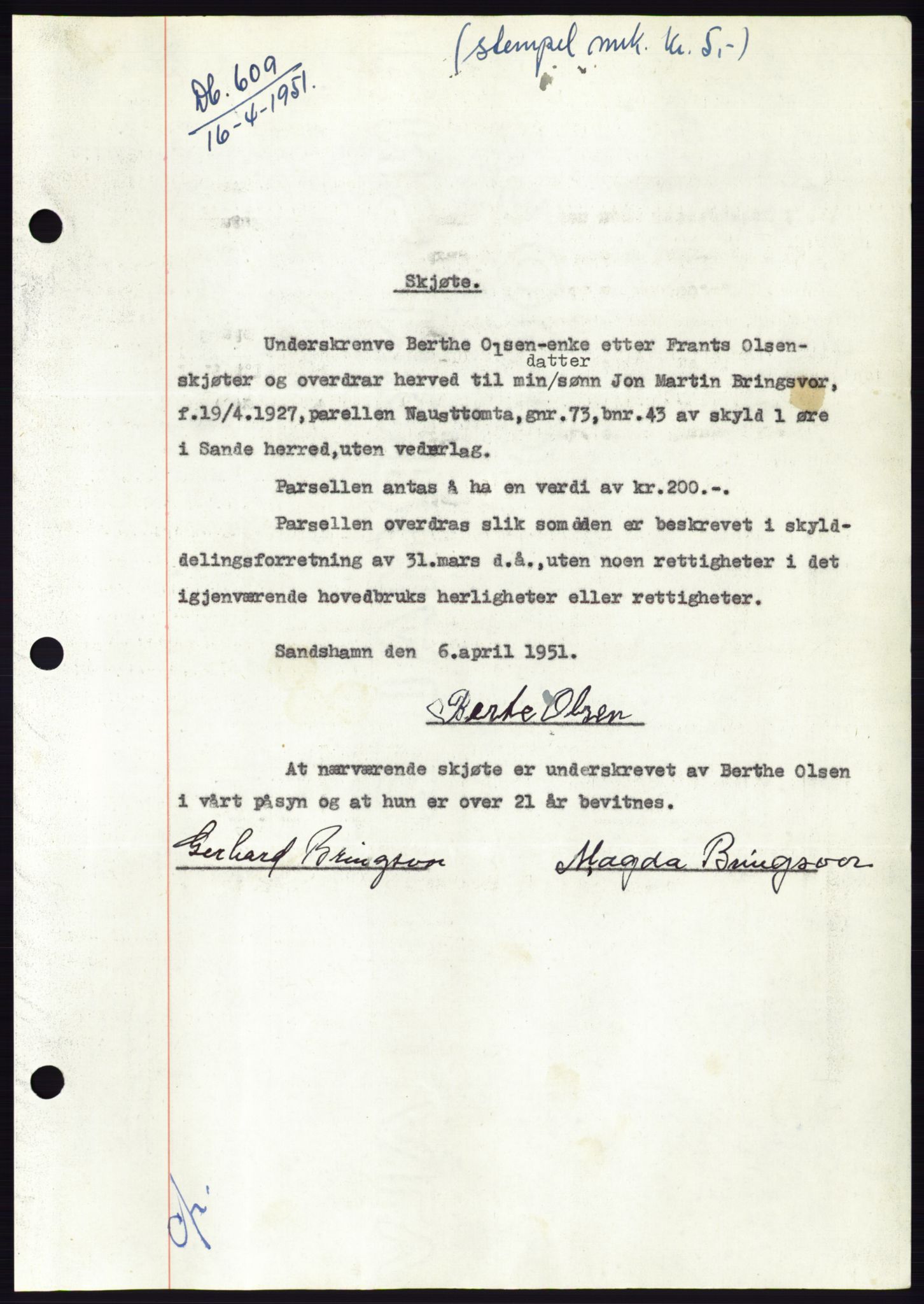 Søre Sunnmøre sorenskriveri, SAT/A-4122/1/2/2C/L0089: Pantebok nr. 15A, 1951-1951, Dagboknr: 609/1951