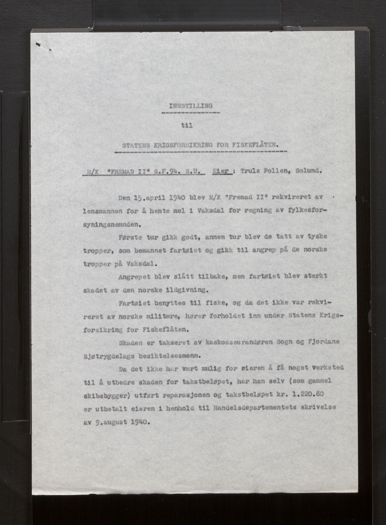 Fiskeridirektoratet - 1 Adm. ledelse - 13 Båtkontoret, AV/SAB-A-2003/La/L0058: Statens krigsforsikring for fiskeflåten, 1936-1971, s. 483