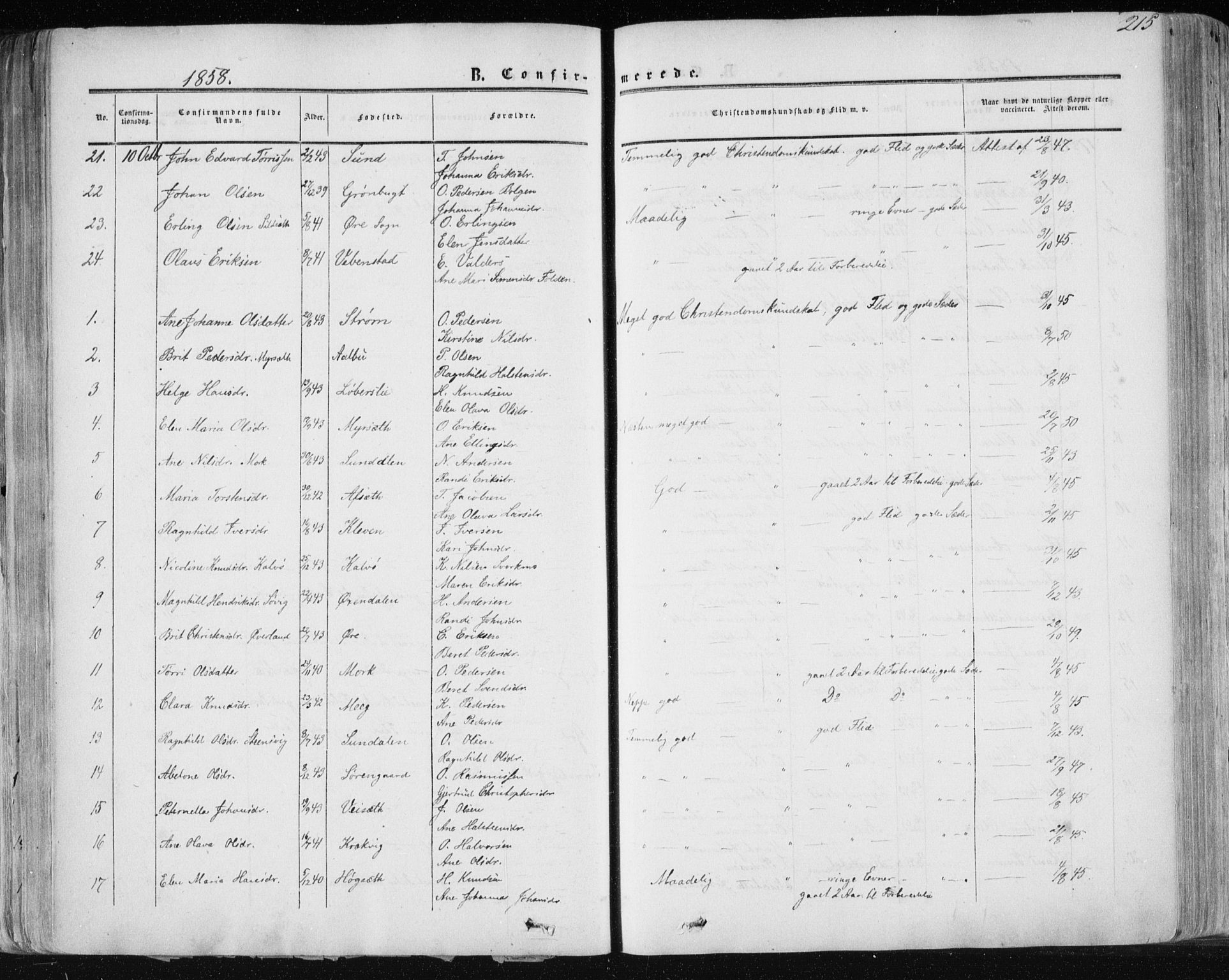 Ministerialprotokoller, klokkerbøker og fødselsregistre - Møre og Romsdal, AV/SAT-A-1454/568/L0804: Ministerialbok nr. 568A11, 1854-1868, s. 215