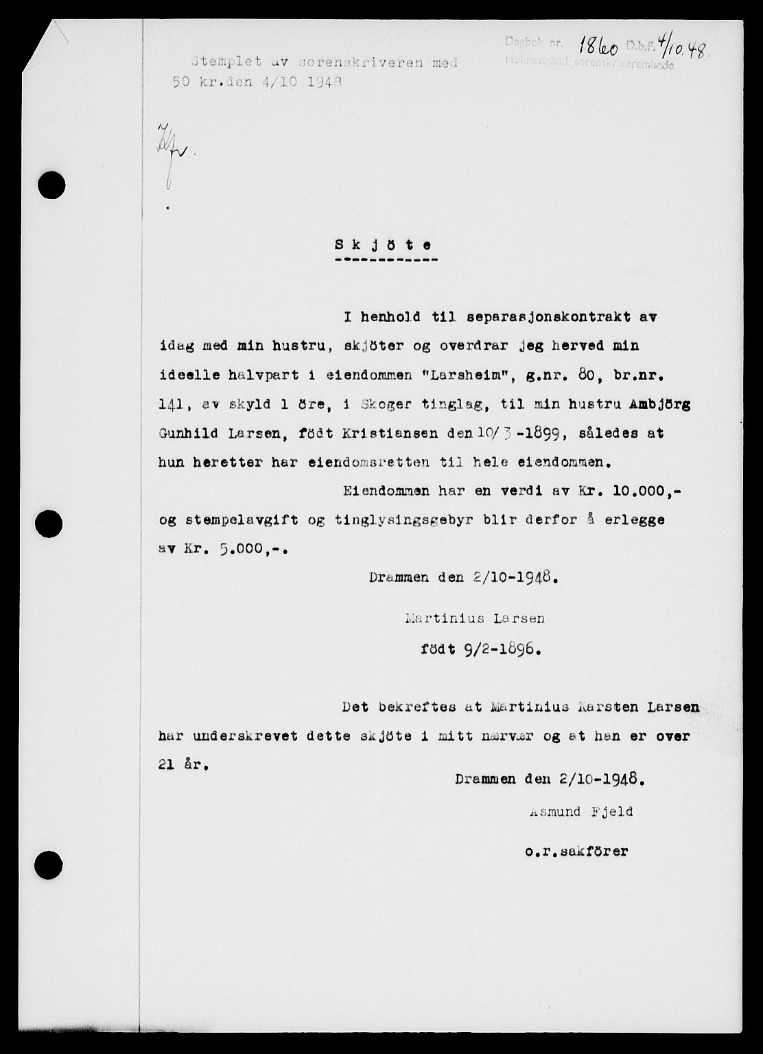 Holmestrand sorenskriveri, SAKO/A-67/G/Ga/Gaa/L0065: Pantebok nr. A-65, 1948-1949, Dagboknr: 1860/1948
