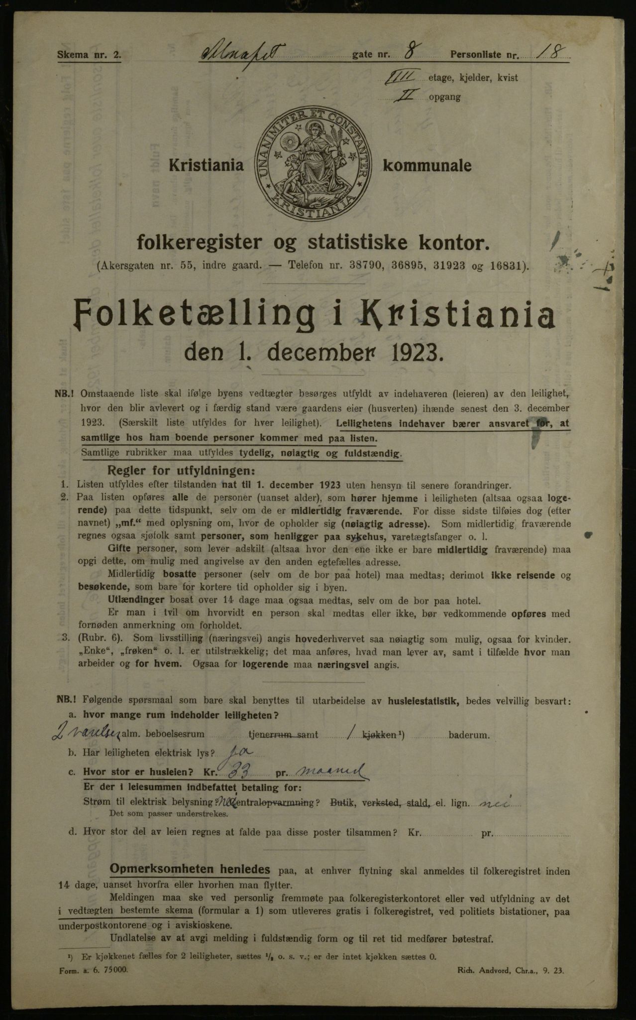 OBA, Kommunal folketelling 1.12.1923 for Kristiania, 1923, s. 1409