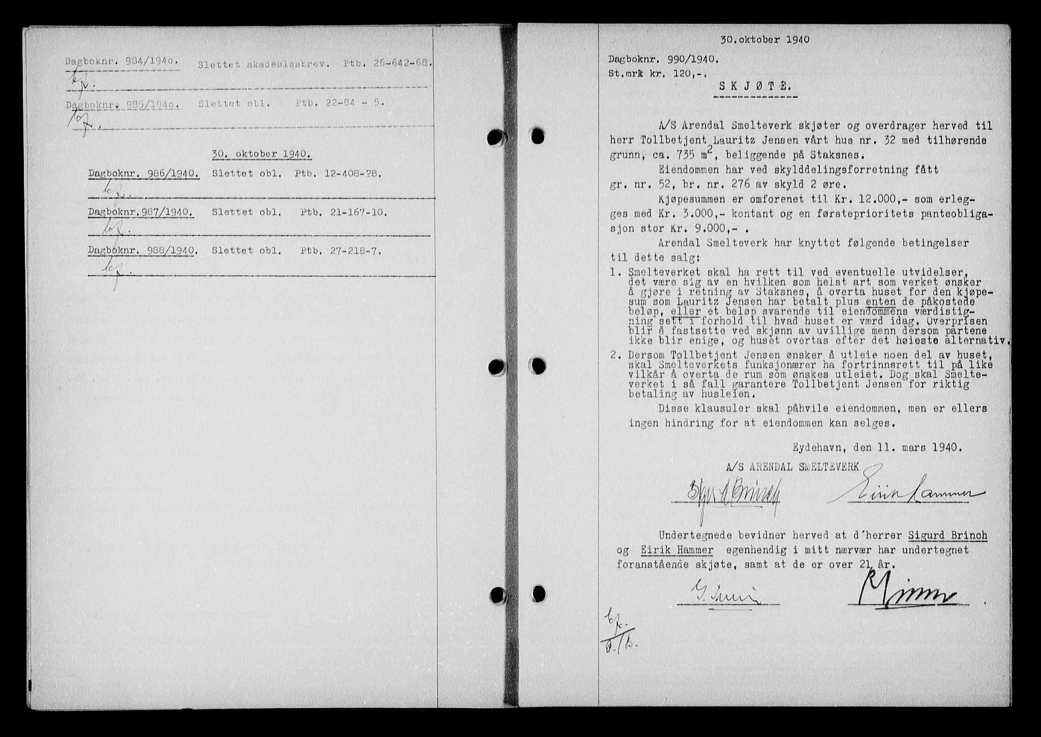 Nedenes sorenskriveri, SAK/1221-0006/G/Gb/Gba/L0048: Pantebok nr. A-II, 1940-1941, Dagboknr: 990/1940