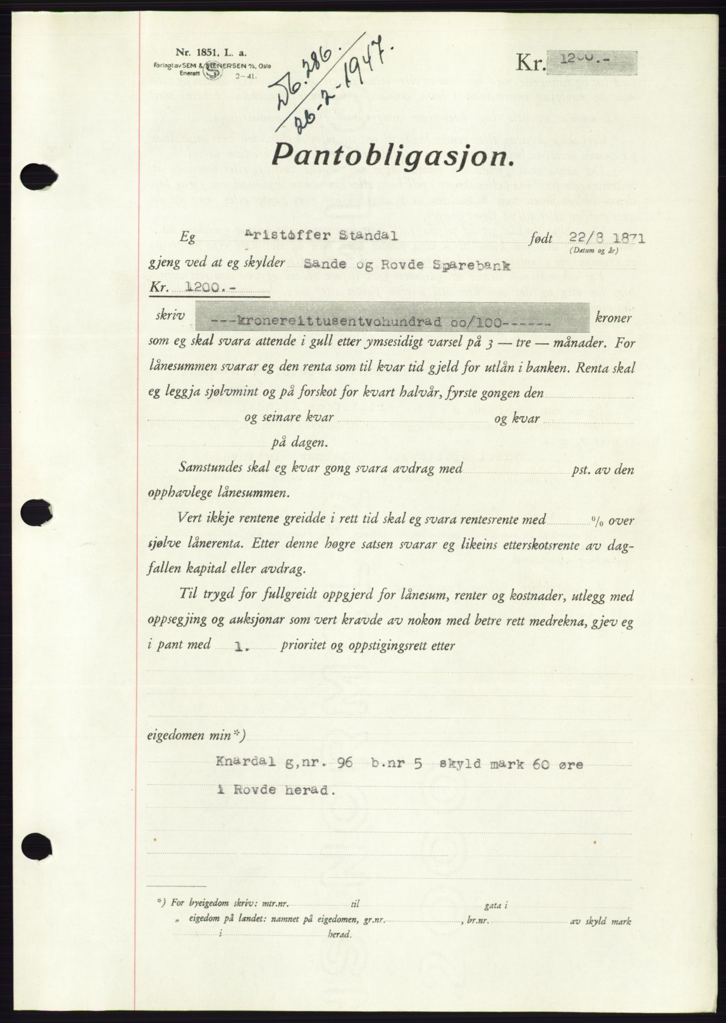 Søre Sunnmøre sorenskriveri, AV/SAT-A-4122/1/2/2C/L0114: Pantebok nr. 1-2B, 1943-1947, Dagboknr: 286/1947