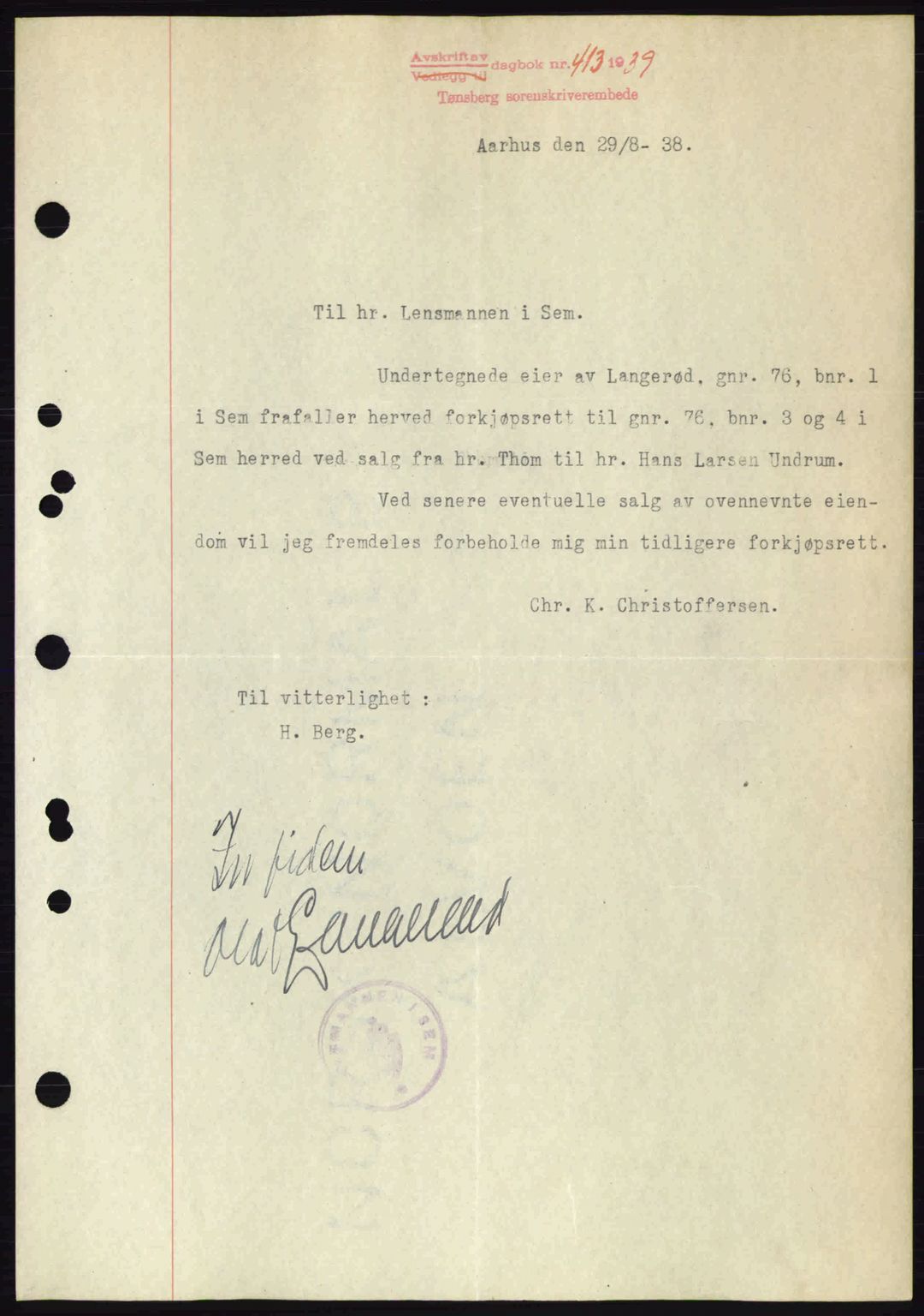 Jarlsberg sorenskriveri, SAKO/A-131/G/Ga/Gaa/L0006: Pantebok nr. A-6, 1938-1939, Dagboknr: 413/1939