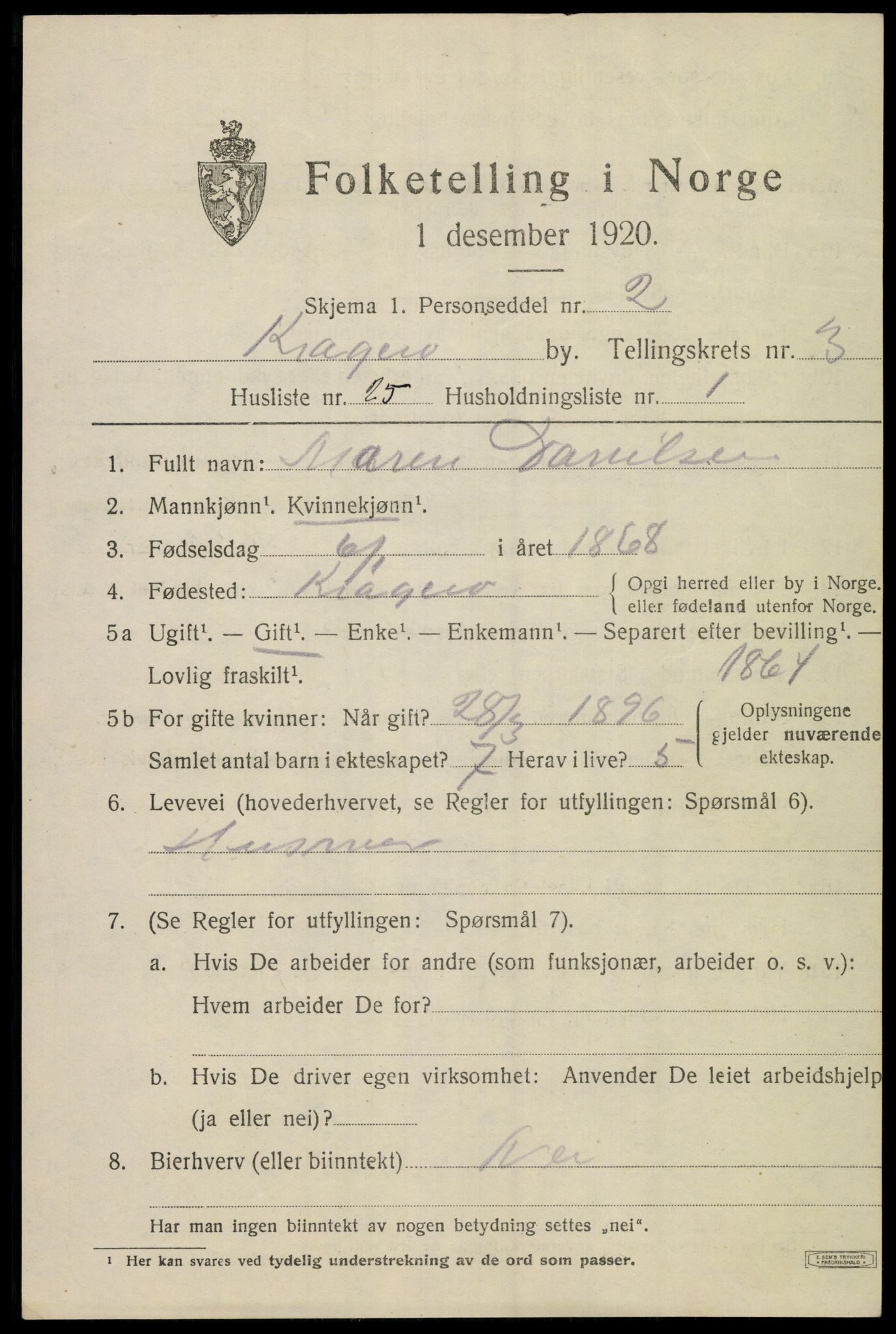 SAKO, Folketelling 1920 for 0801 Kragerø kjøpstad, 1920, s. 7329