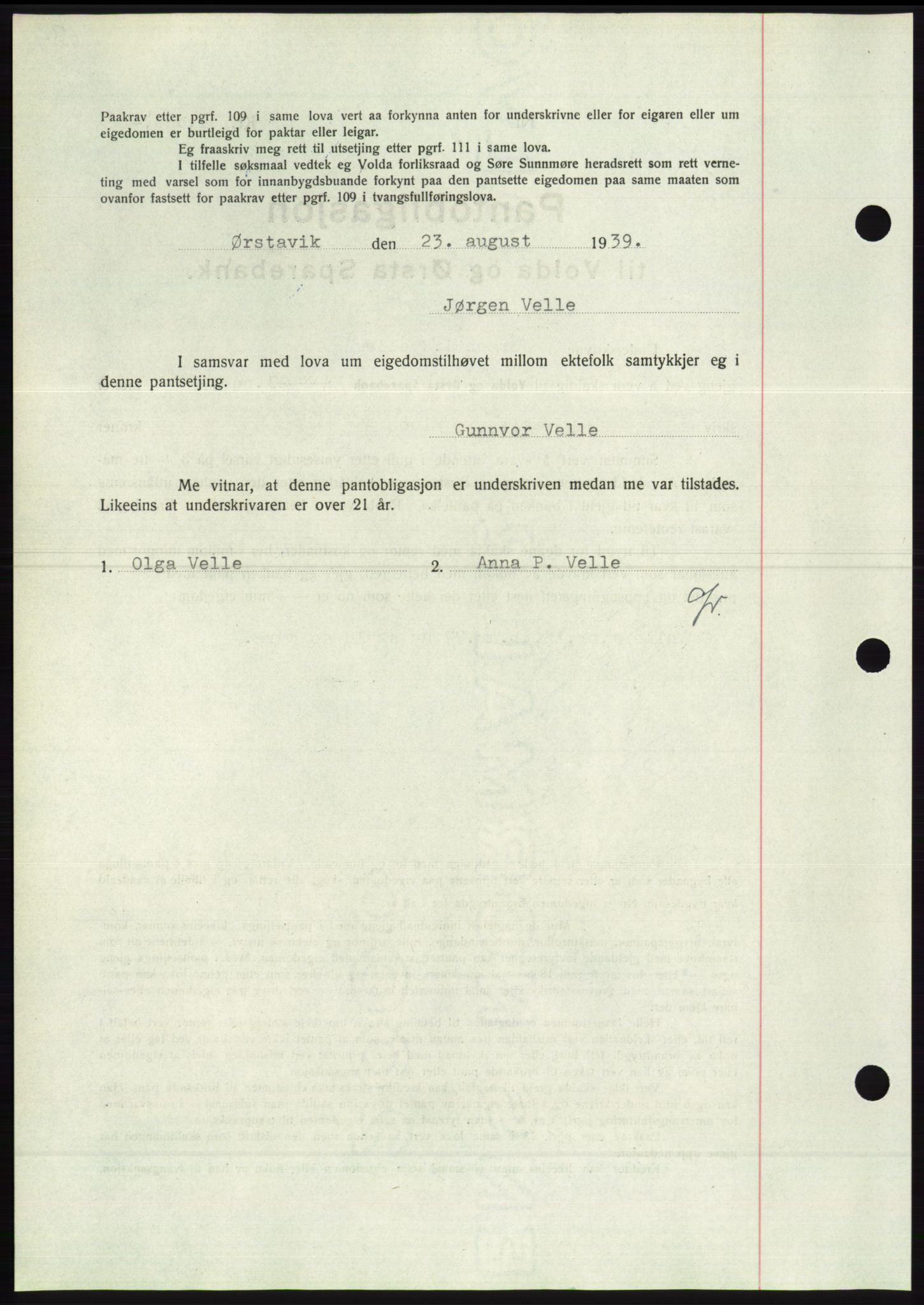 Søre Sunnmøre sorenskriveri, AV/SAT-A-4122/1/2/2C/L0068: Pantebok nr. 62, 1939-1939, Dagboknr: 1275/1939