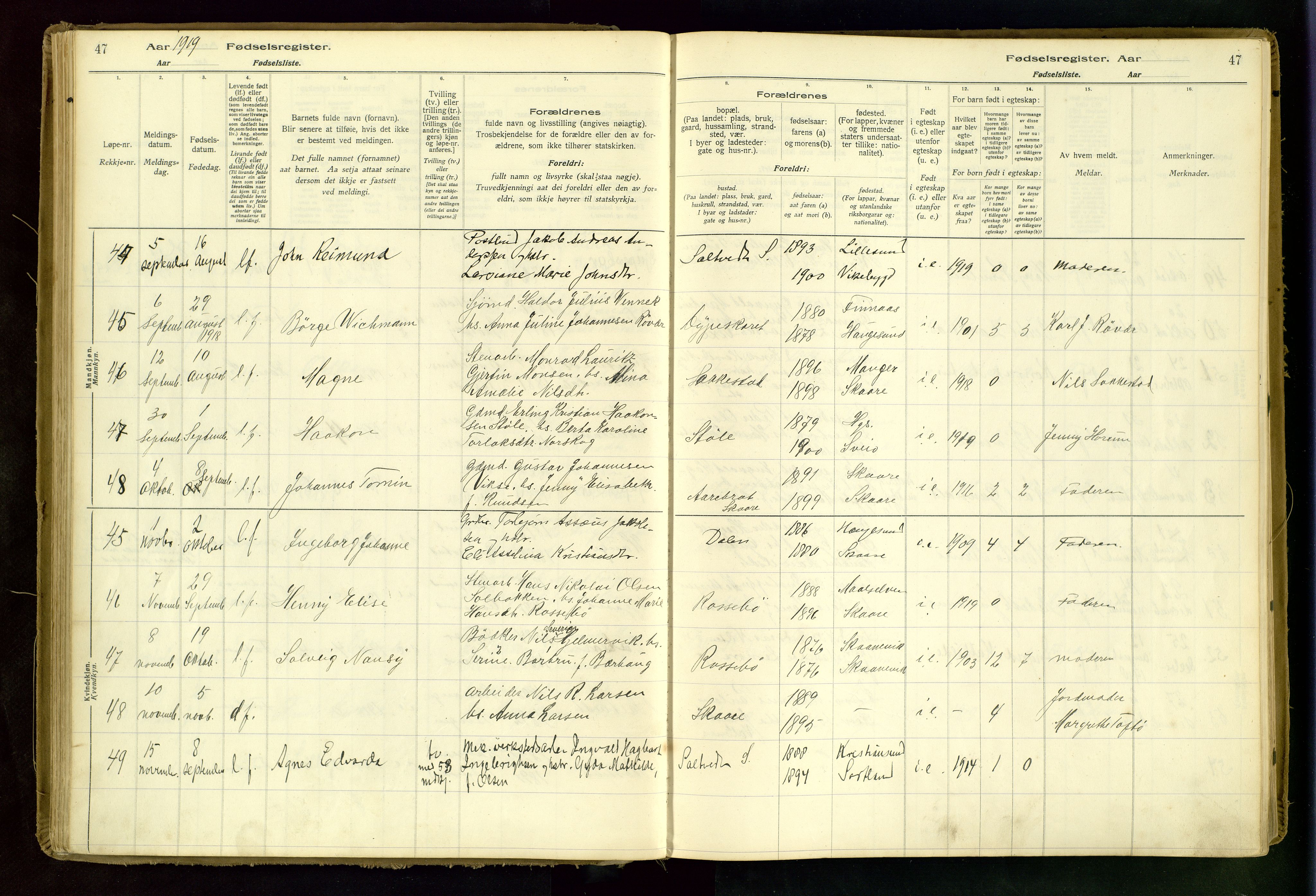 Haugesund sokneprestkontor, AV/SAST-A -101863/I/Id/L0001: Fødselsregister nr. 1, 1916-1935, s. 47