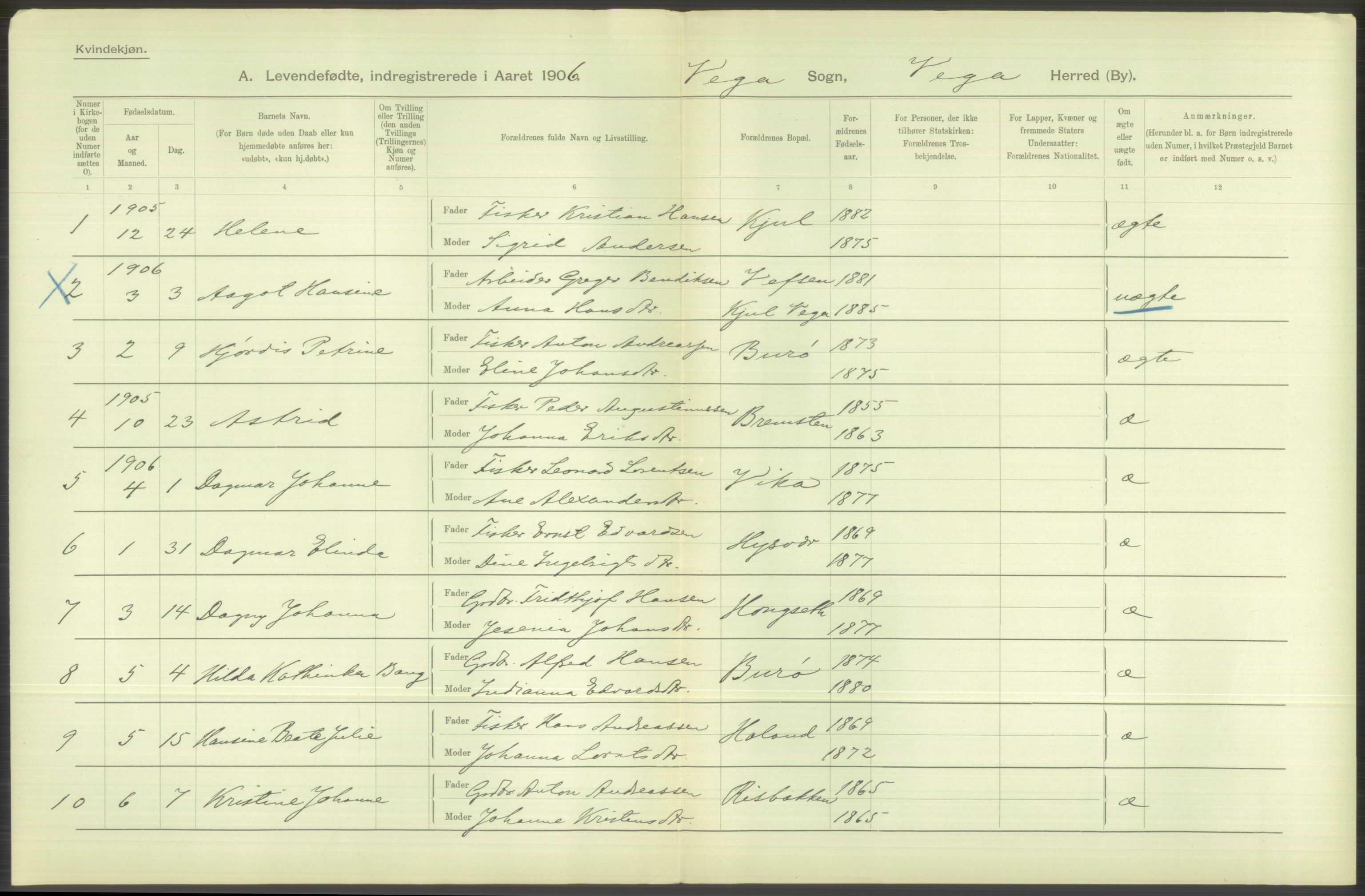 Statistisk sentralbyrå, Sosiodemografiske emner, Befolkning, AV/RA-S-2228/D/Df/Dfa/Dfad/L0043: Nordlands amt: Levendefødte menn og kvinner. Bygder., 1906, s. 12