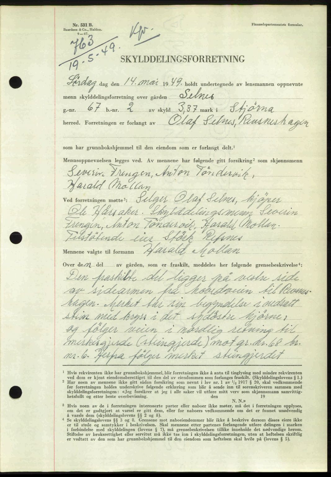 Fosen sorenskriveri, AV/SAT-A-1107/1/2/2C: Pantebok nr. A7-9, 1947-1949, Dagboknr: 763/1949