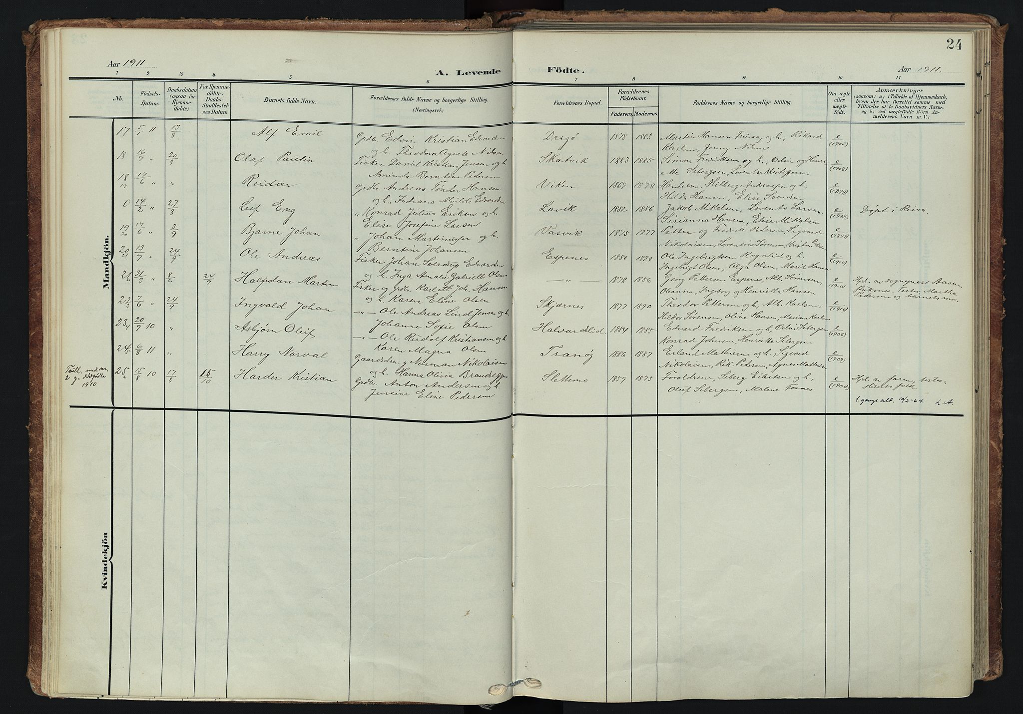 Tranøy sokneprestkontor, AV/SATØ-S-1313/I/Ia/Iaa/L0014kirke: Ministerialbok nr. 14, 1905-1919, s. 24