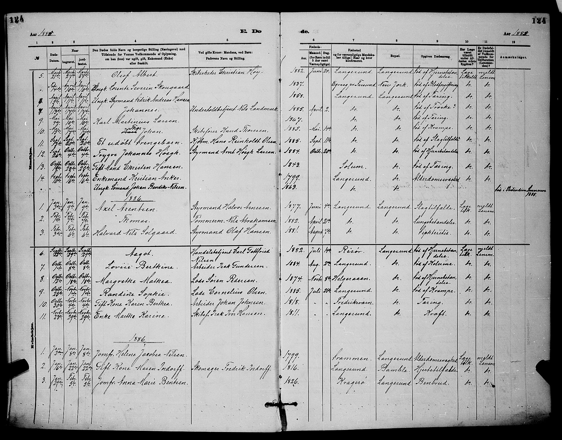 Langesund kirkebøker, AV/SAKO-A-280/G/Ga/L0005: Klokkerbok nr. 5, 1884-1898, s. 124