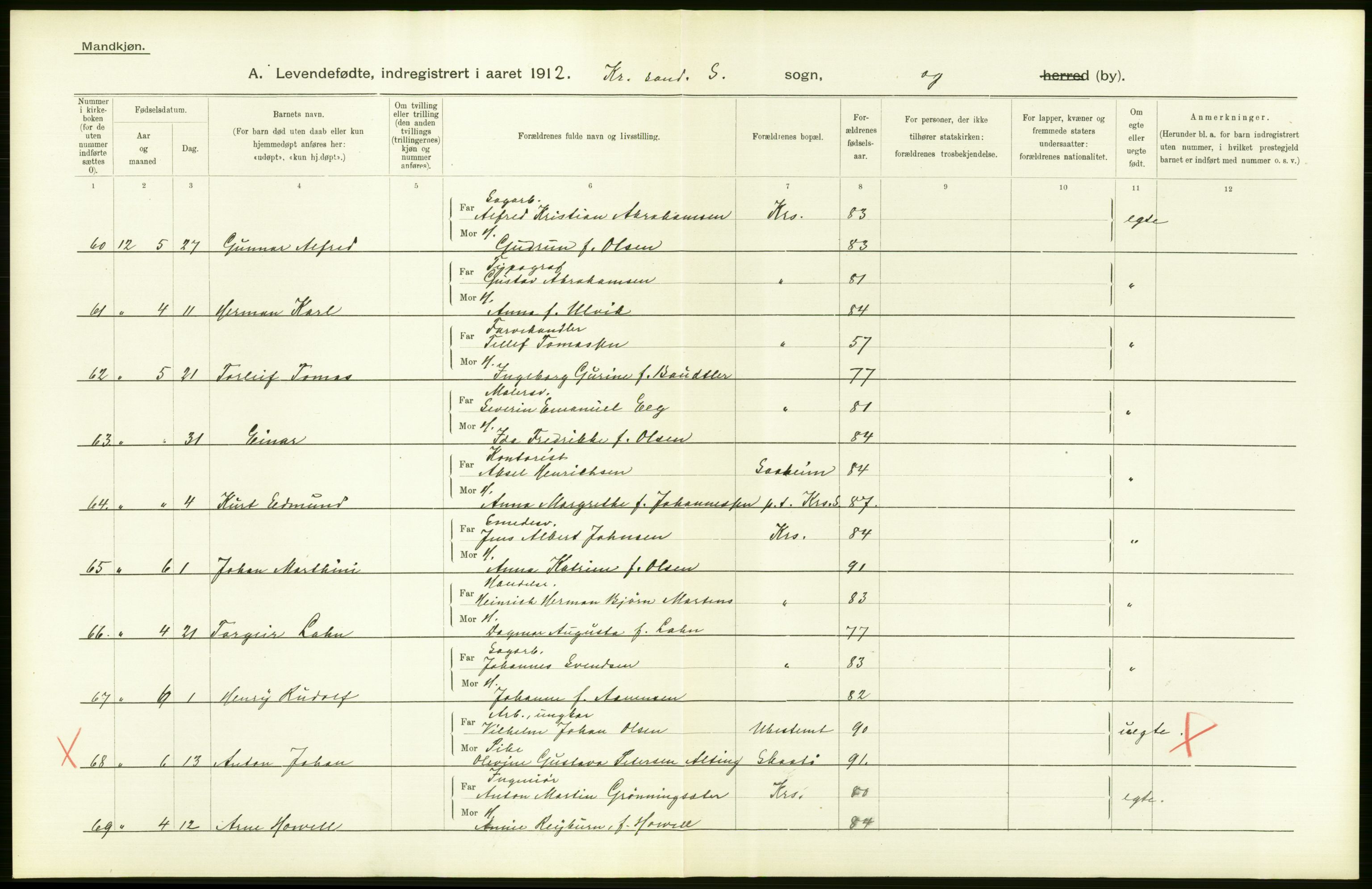 Statistisk sentralbyrå, Sosiodemografiske emner, Befolkning, AV/RA-S-2228/D/Df/Dfb/Dfbb/L0024: Lister og Mandals amt: Levendefødte menn og kvinner. Bygder og byer., 1912, s. 90