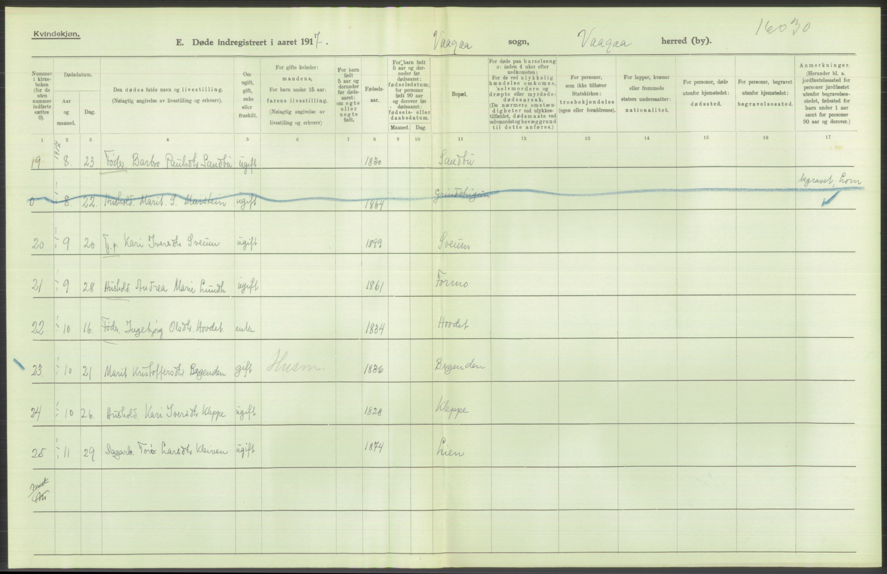 Statistisk sentralbyrå, Sosiodemografiske emner, Befolkning, RA/S-2228/D/Df/Dfb/Dfbg/L0017: Kristians amt: Døde. Bygder, byer., 1917, s. 230