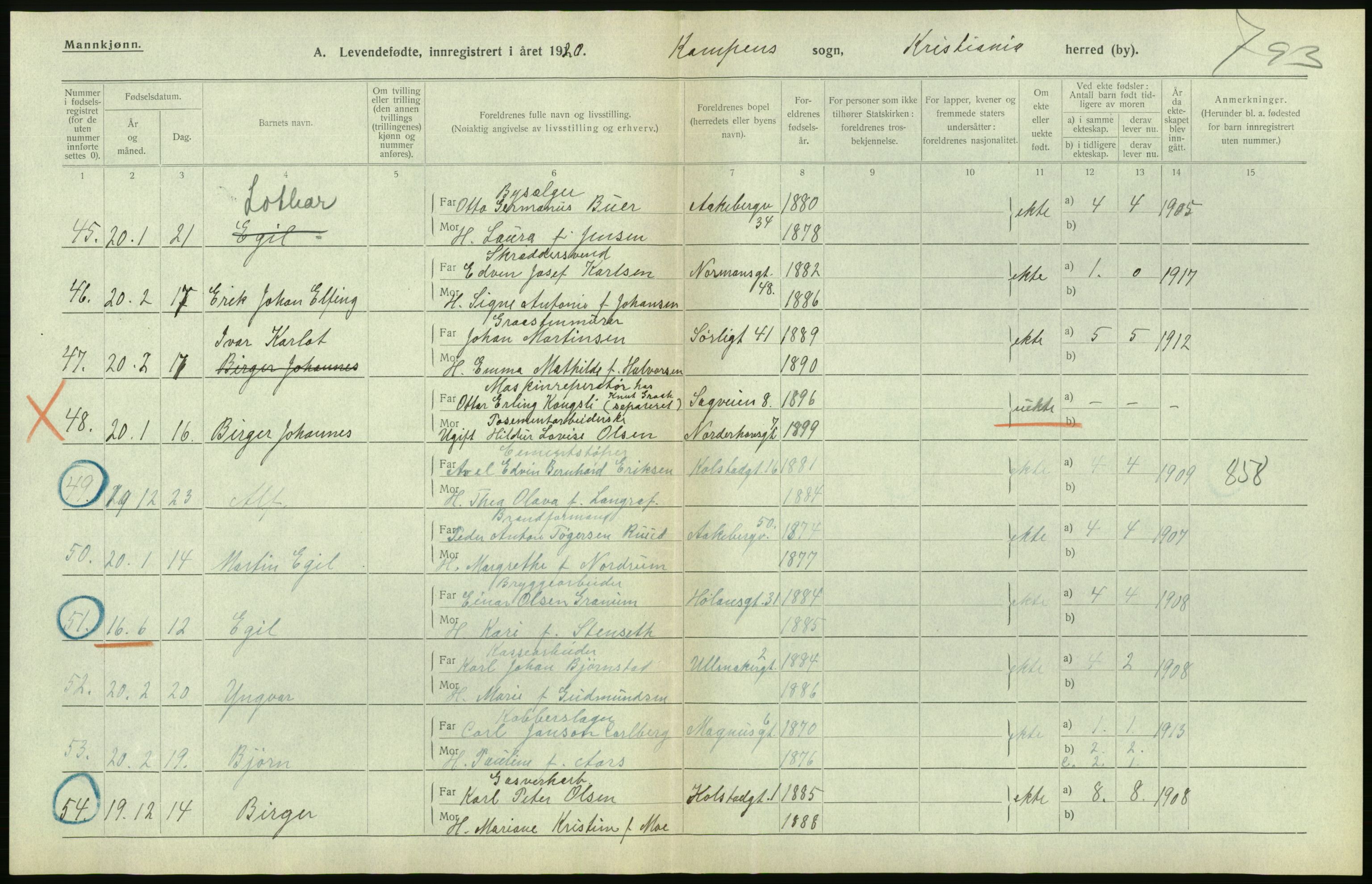 Statistisk sentralbyrå, Sosiodemografiske emner, Befolkning, RA/S-2228/D/Df/Dfb/Dfbj/L0008: Kristiania: Levendefødte menn og kvinner., 1920, s. 194