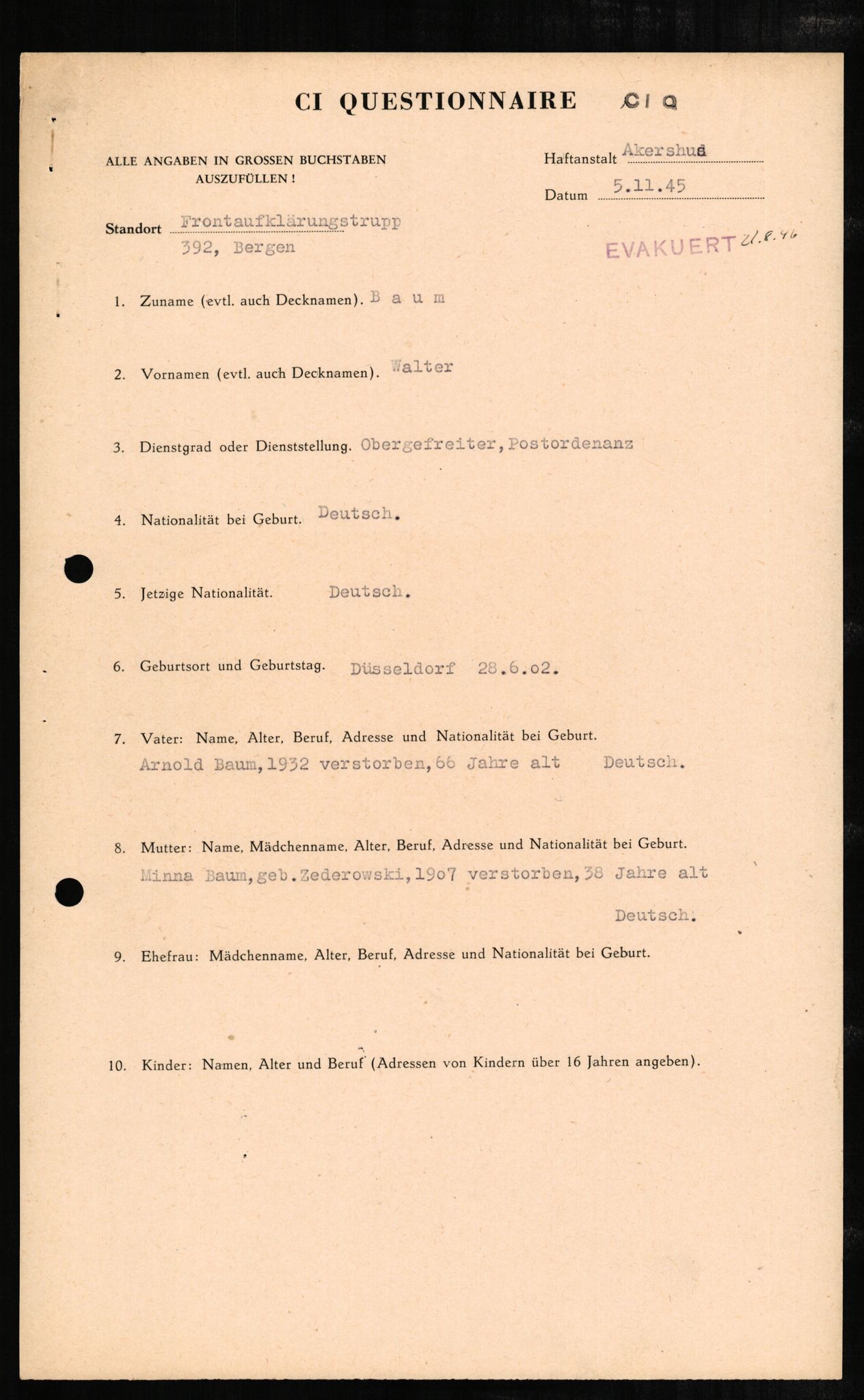 Forsvaret, Forsvarets overkommando II, AV/RA-RAFA-3915/D/Db/L0002: CI Questionaires. Tyske okkupasjonsstyrker i Norge. Tyskere., 1945-1946, s. 299