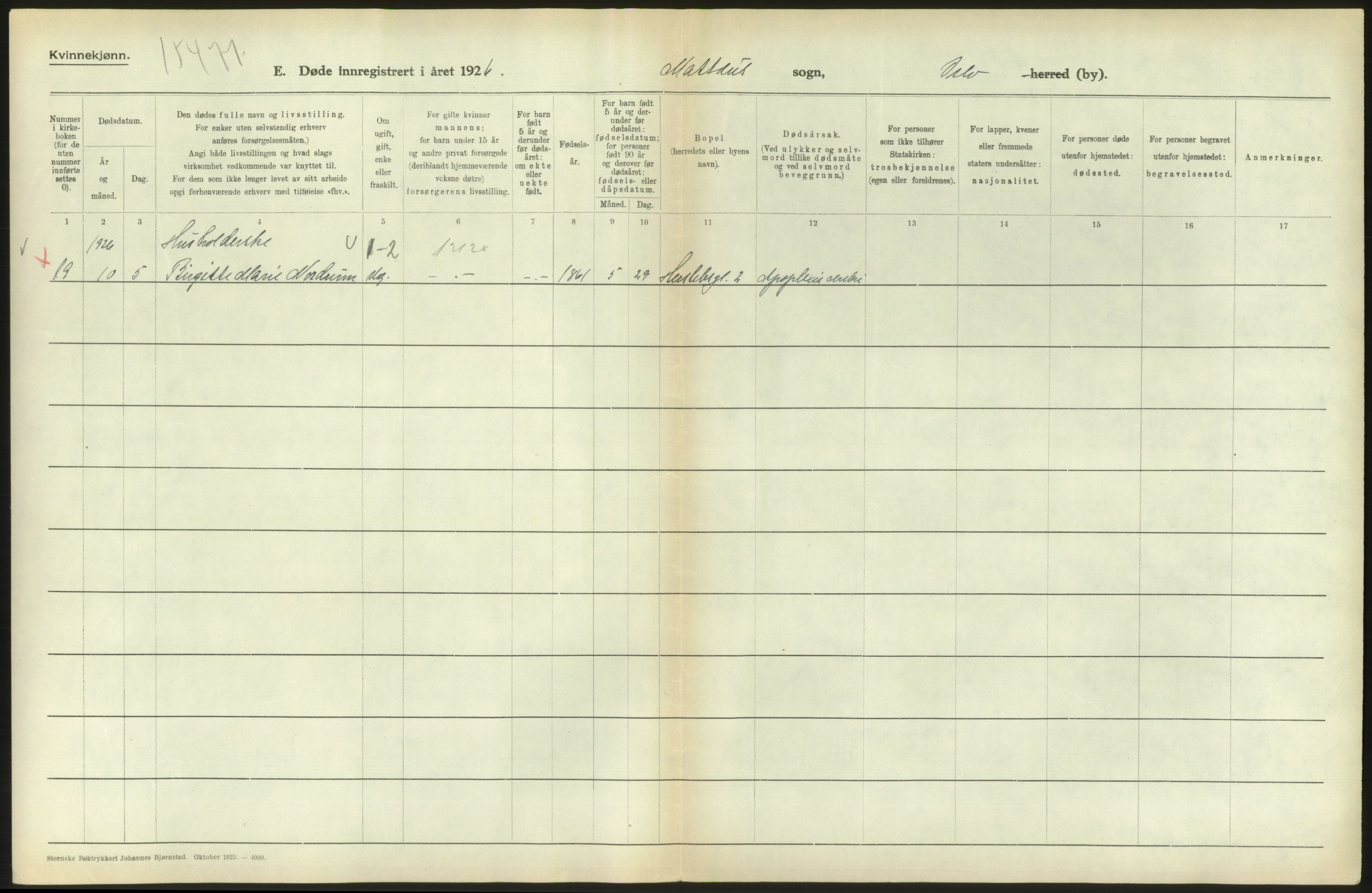 Statistisk sentralbyrå, Sosiodemografiske emner, Befolkning, AV/RA-S-2228/D/Df/Dfc/Dfcf/L0010: Oslo: Døde kvinner, dødfødte, 1926, s. 550