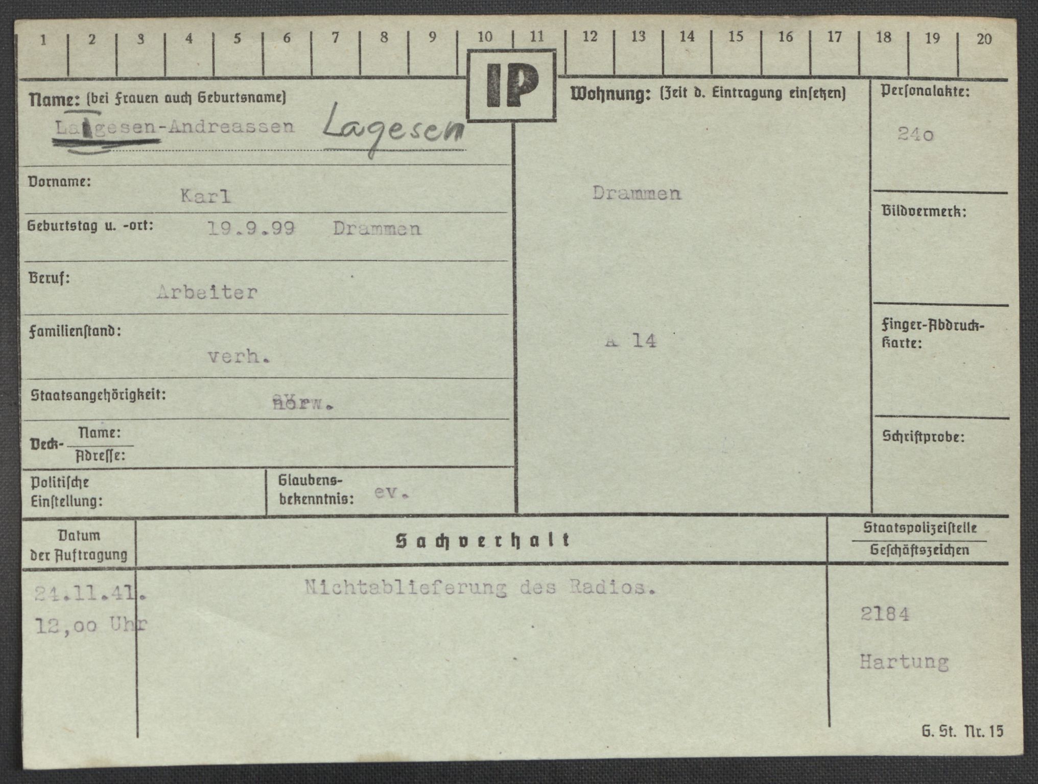 Befehlshaber der Sicherheitspolizei und des SD, AV/RA-RAFA-5969/E/Ea/Eaa/L0006: Register over norske fanger i Møllergata 19: Kj-Lund, 1940-1945, s. 616