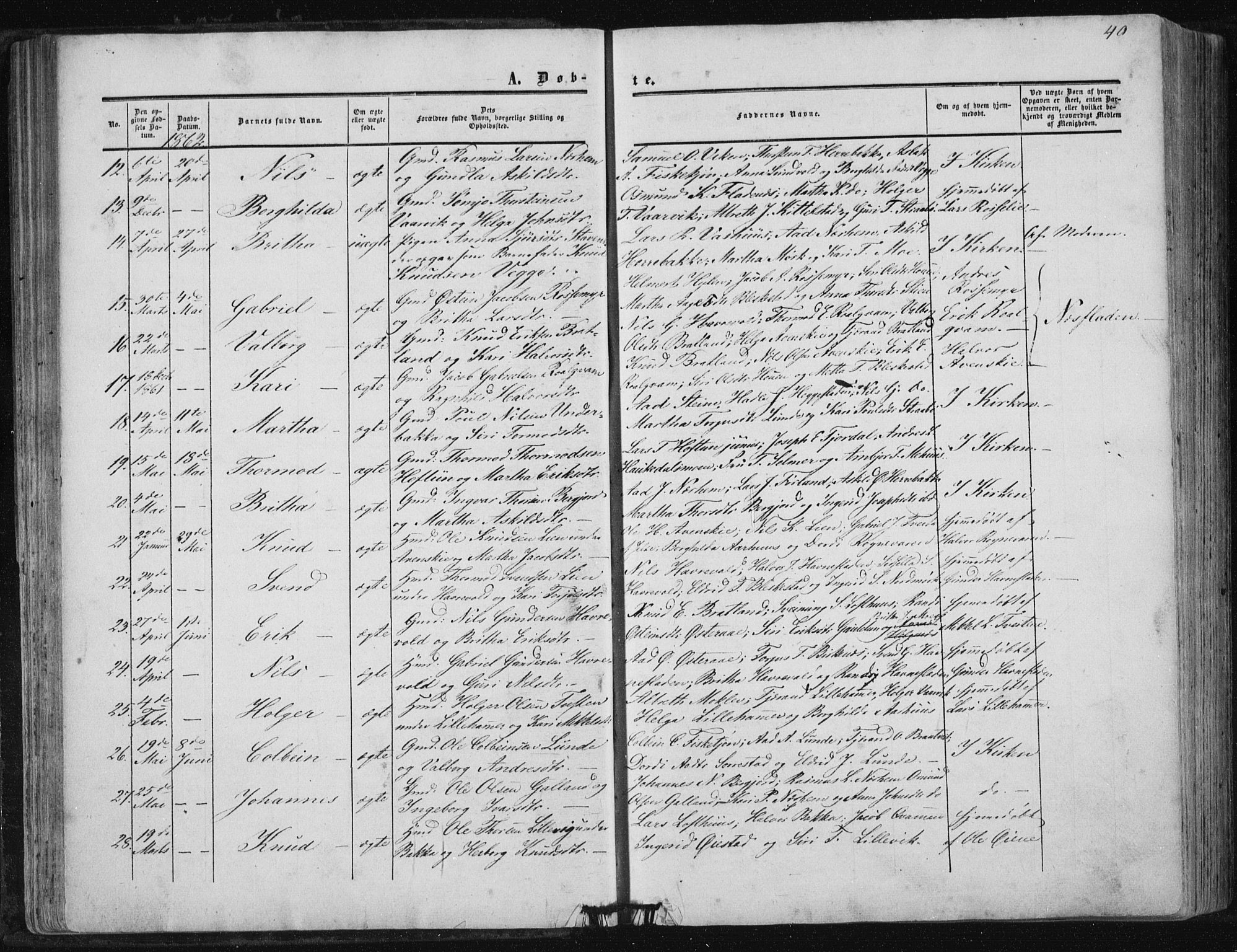 Suldal sokneprestkontor, AV/SAST-A-101845/01/IV/L0009: Ministerialbok nr. A 9, 1854-1868, s. 40