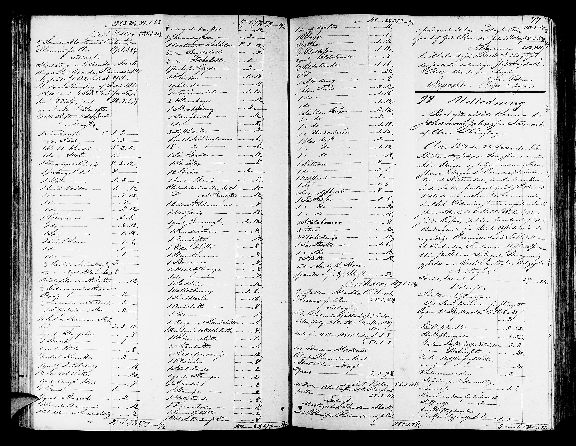 Nordhordland sorenskrivar, AV/SAB-A-2901/1/H/Hd/Hda/L0005: Skifteutlodningsprotokollar, 1851-1857, s. 76b-77a
