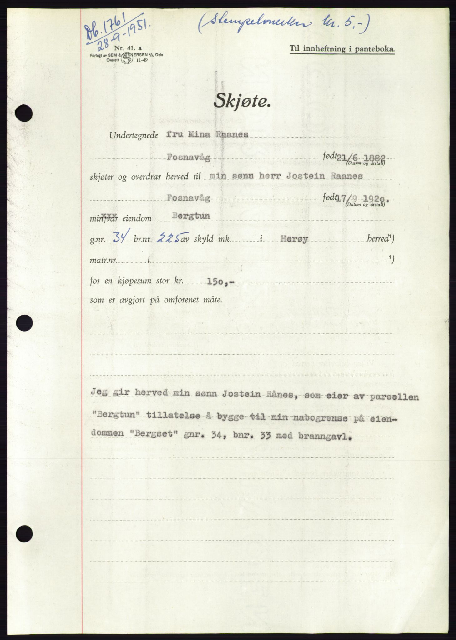 Søre Sunnmøre sorenskriveri, AV/SAT-A-4122/1/2/2C/L0090: Pantebok nr. 16A, 1951-1951, Dagboknr: 1761/1951