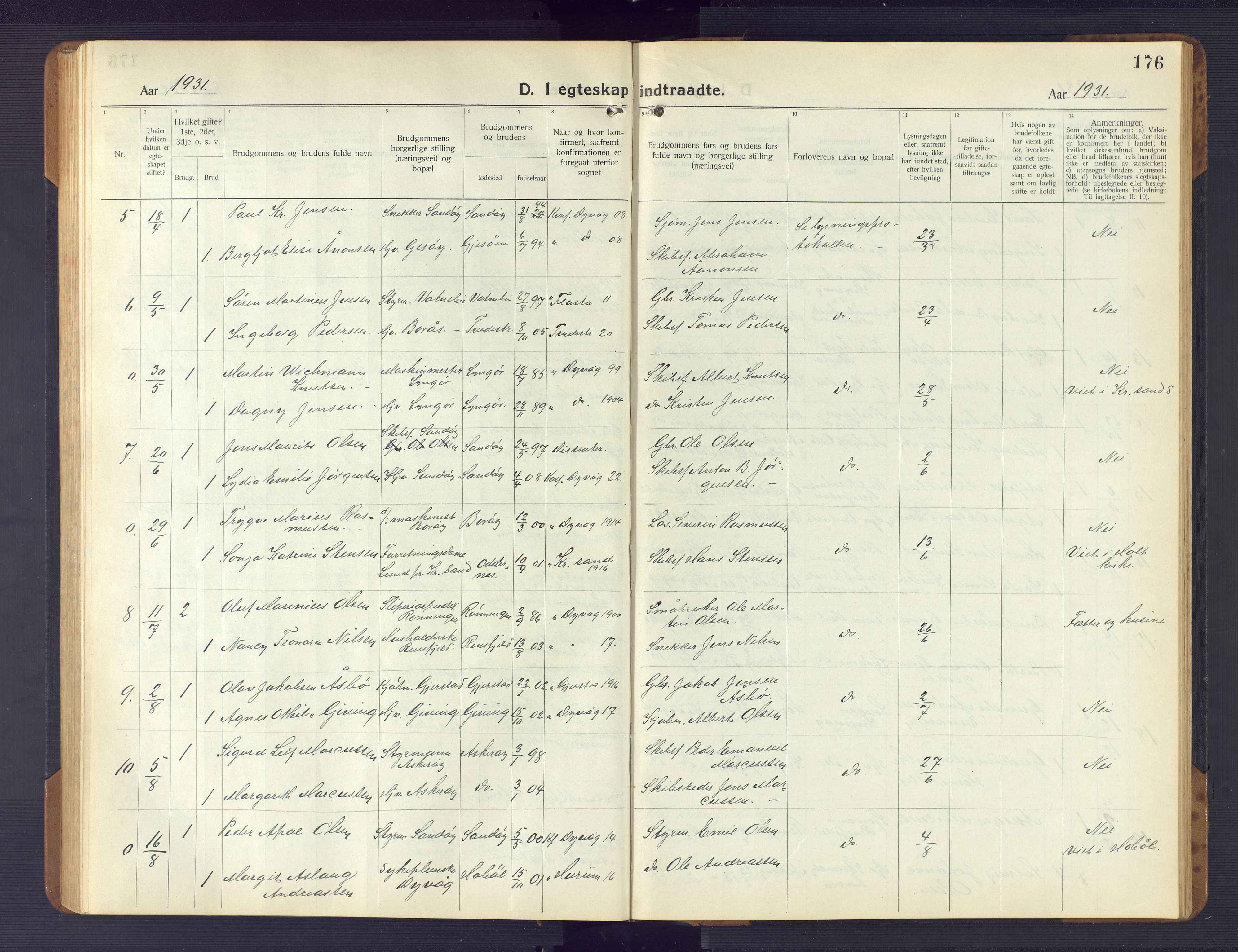 Dypvåg sokneprestkontor, SAK/1111-0007/F/Fb/Fba/L0015: Klokkerbok nr. B 15, 1922-1949, s. 176