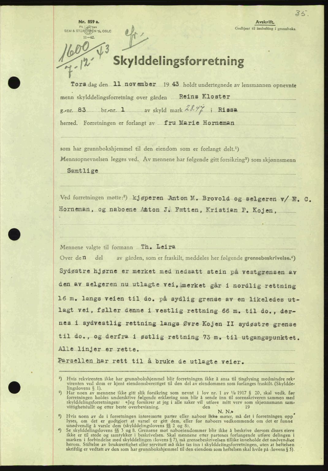 Fosen sorenskriveri, AV/SAT-A-1107/1/2/2C: Pantebok nr. A3, 1943-1945, Dagboknr: 1600/1943