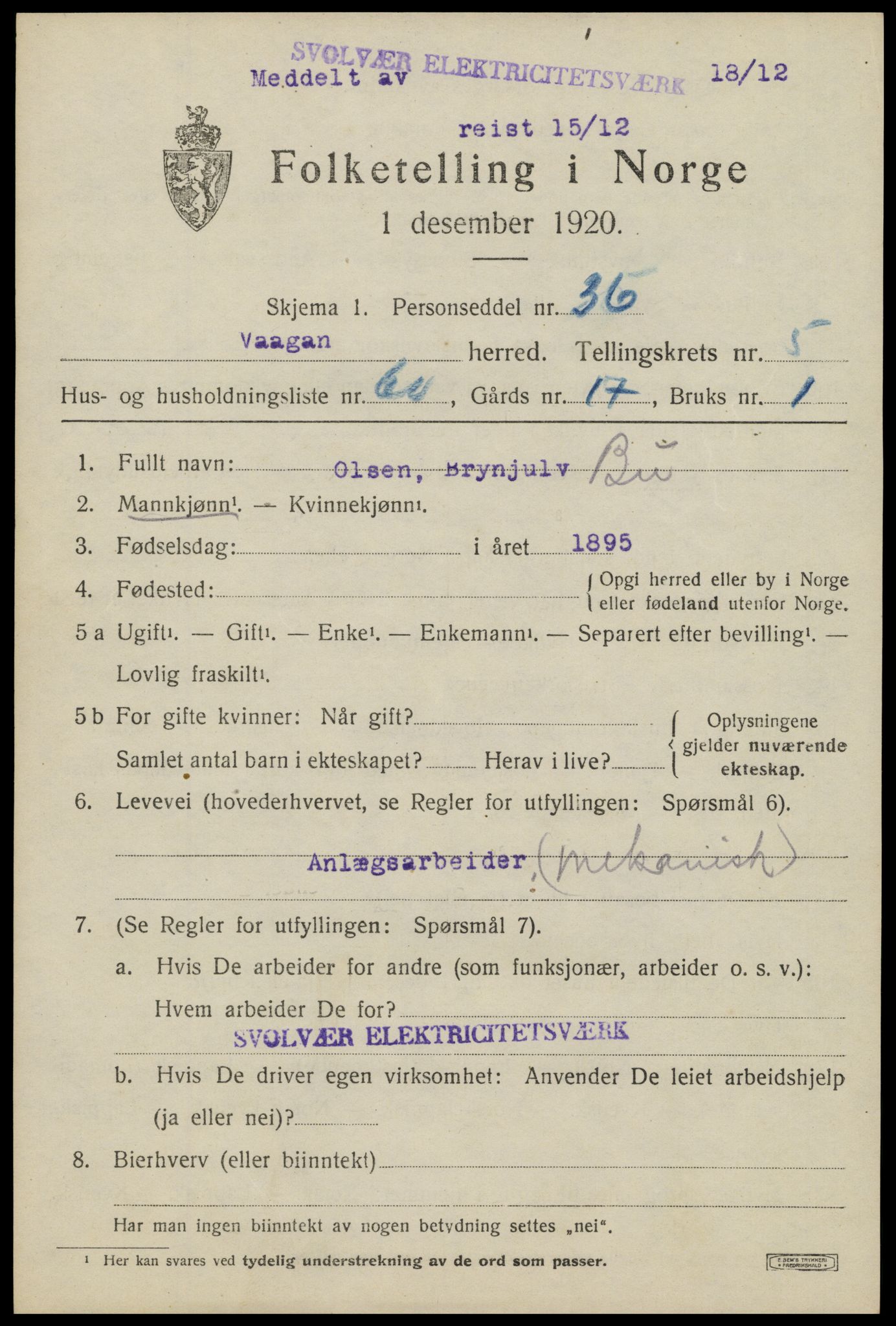 SAT, Folketelling 1920 for 1865 Vågan herred, 1920, s. 6111