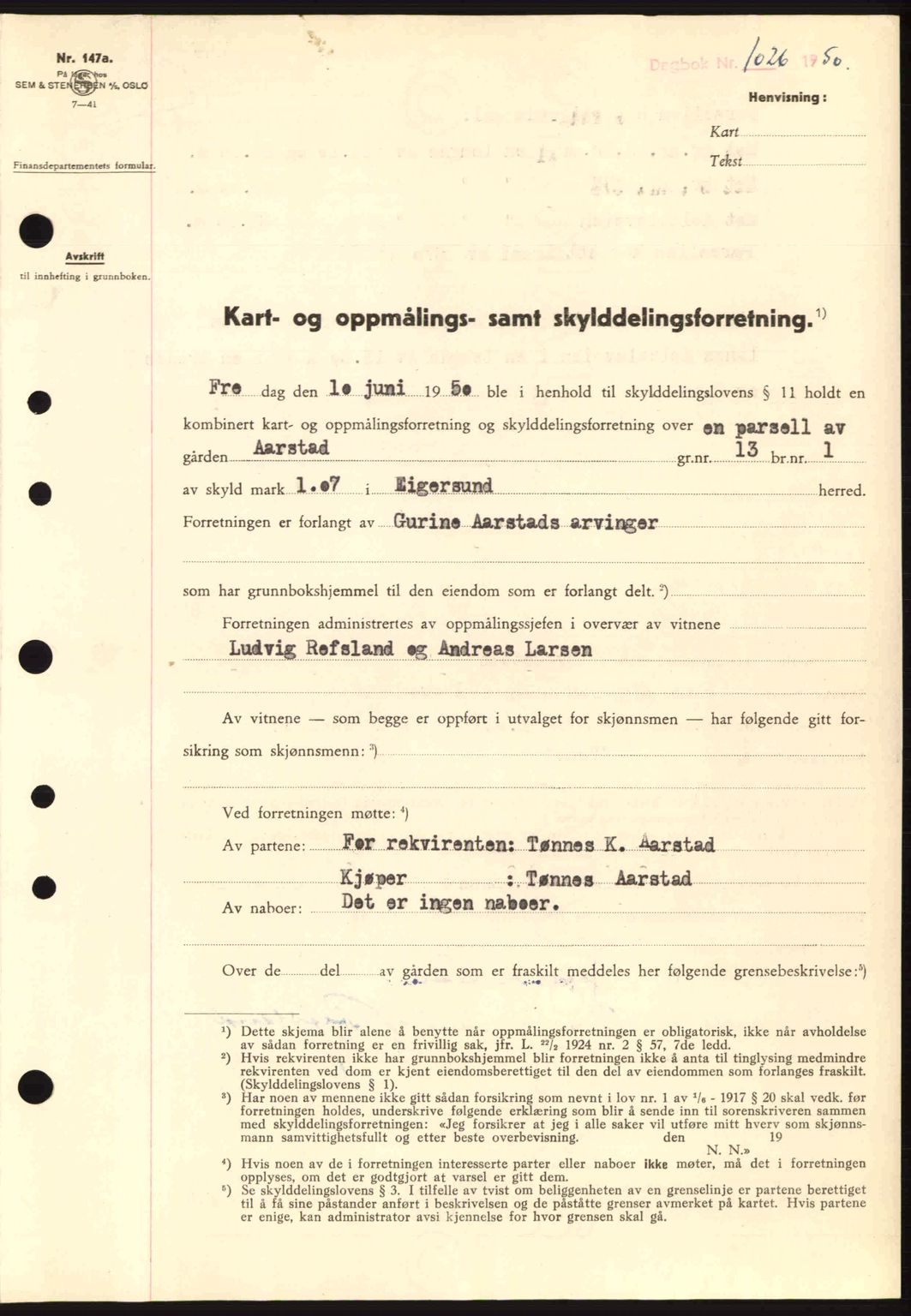 Dalane sorenskriveri, SAST/A-100309/02/G/Gb/L0055: Pantebok nr. A15, 1950-1950, Dagboknr: 1026/1950