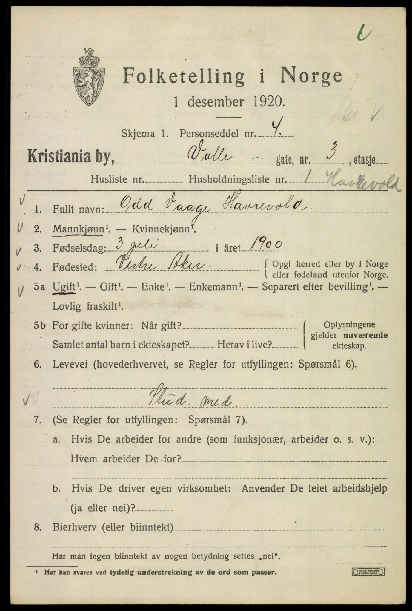 SAO, Folketelling 1920 for 0301 Kristiania kjøpstad, 1920, s. 628857