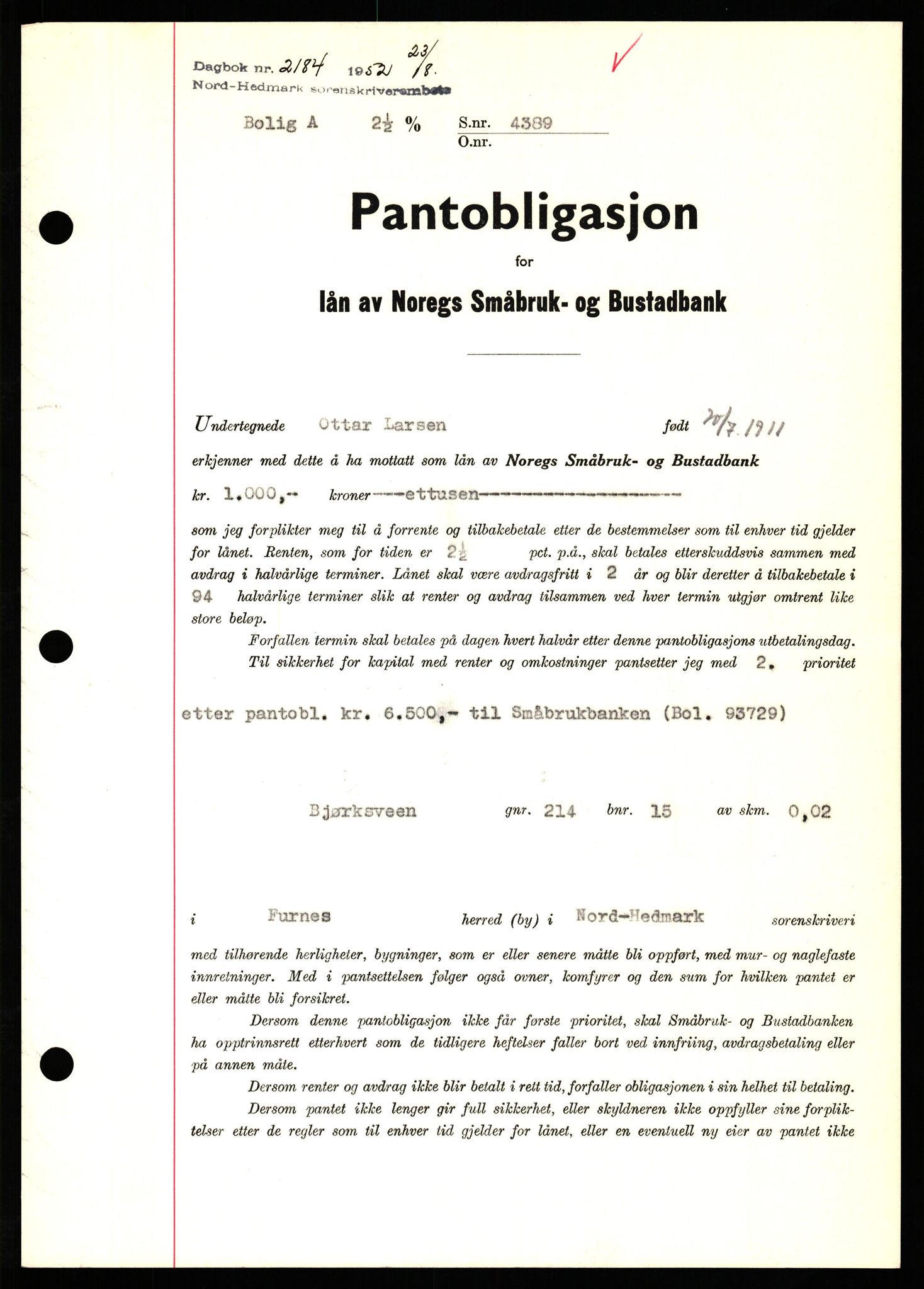 Nord-Hedmark sorenskriveri, SAH/TING-012/H/Hb/Hbf/L0025: Pantebok nr. B25, 1952-1952, Dagboknr: 2184/1952