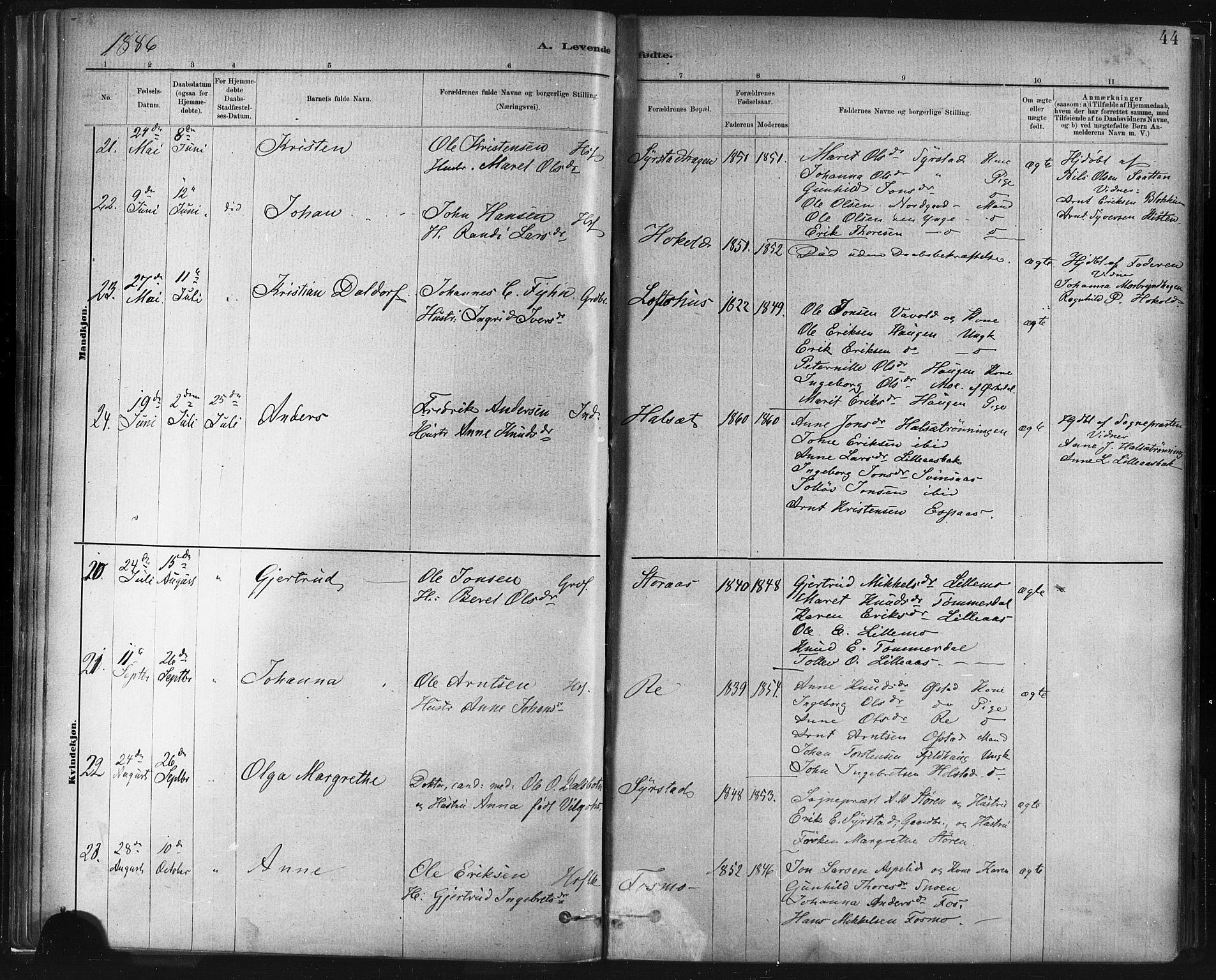 Ministerialprotokoller, klokkerbøker og fødselsregistre - Sør-Trøndelag, SAT/A-1456/672/L0857: Ministerialbok nr. 672A09, 1882-1893, s. 44