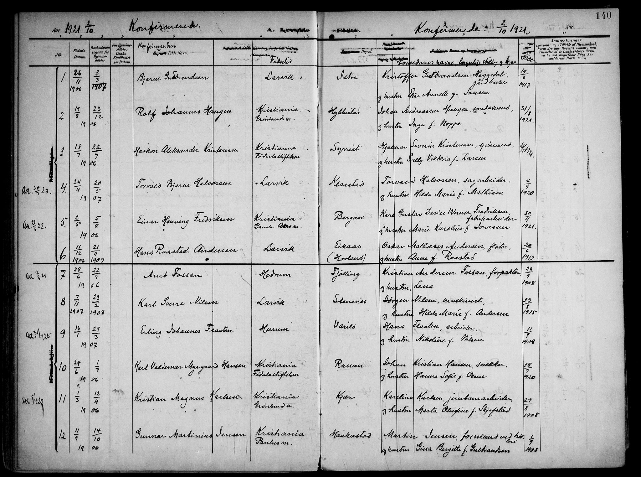 Tjølling kirkebøker, AV/SAKO-A-60/F/Fa/L0010: Ministerialbok nr. 10, 1906-1923, s. 140