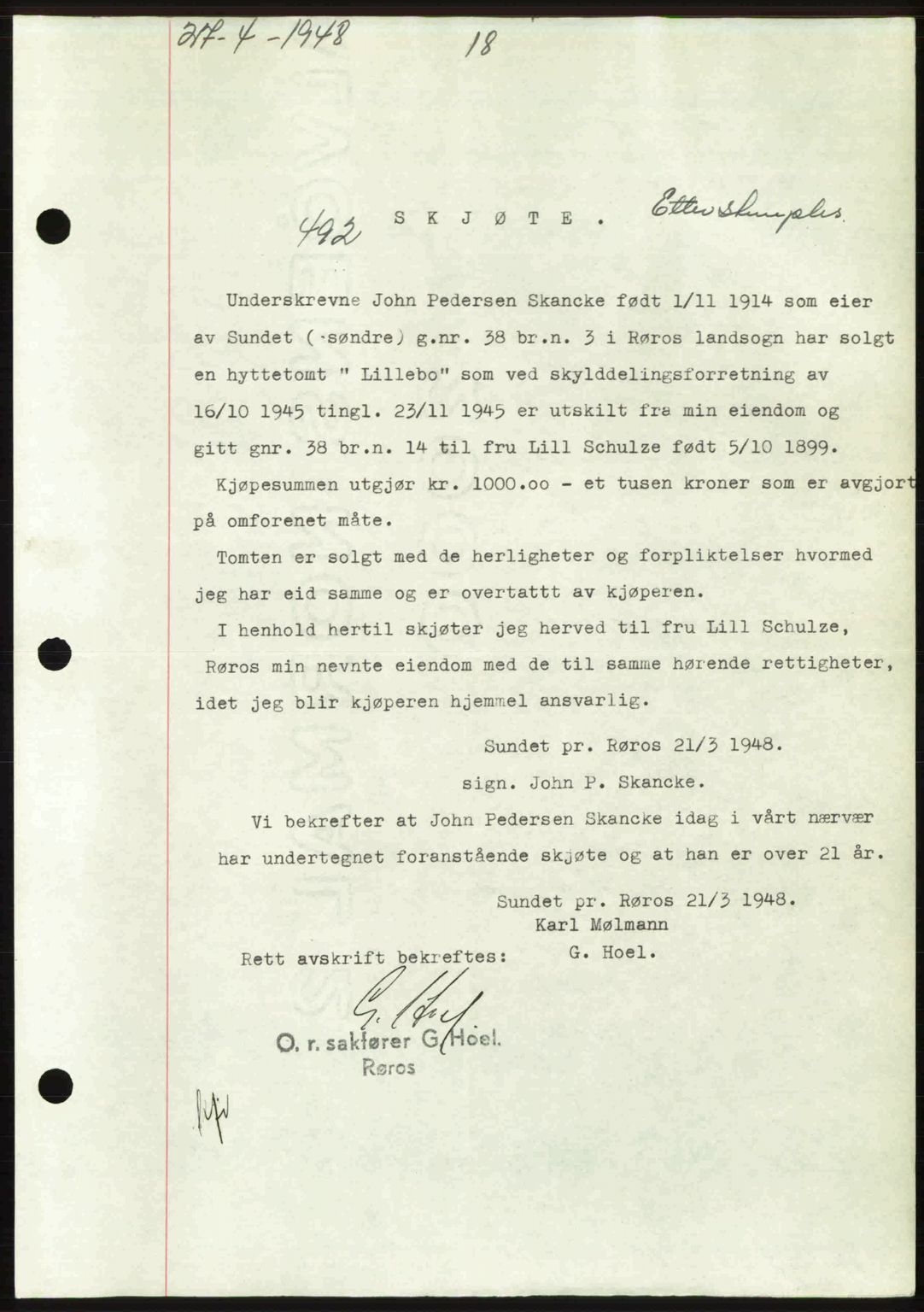 Gauldal sorenskriveri, SAT/A-0014/1/2/2C: Pantebok nr. A5, 1947-1948, Dagboknr: 492/1948