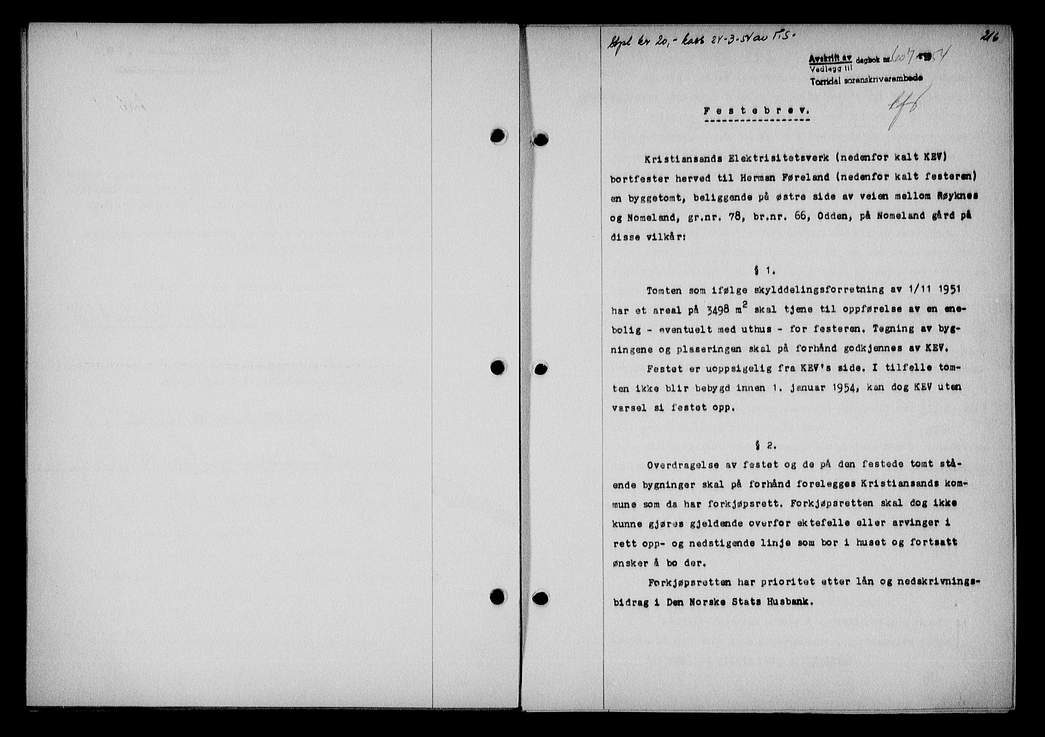 Torridal sorenskriveri, SAK/1221-0012/G/Gb/Gba/L0065: Pantebok nr. 80a-84a, 1953-1955, Dagboknr: 607/1954