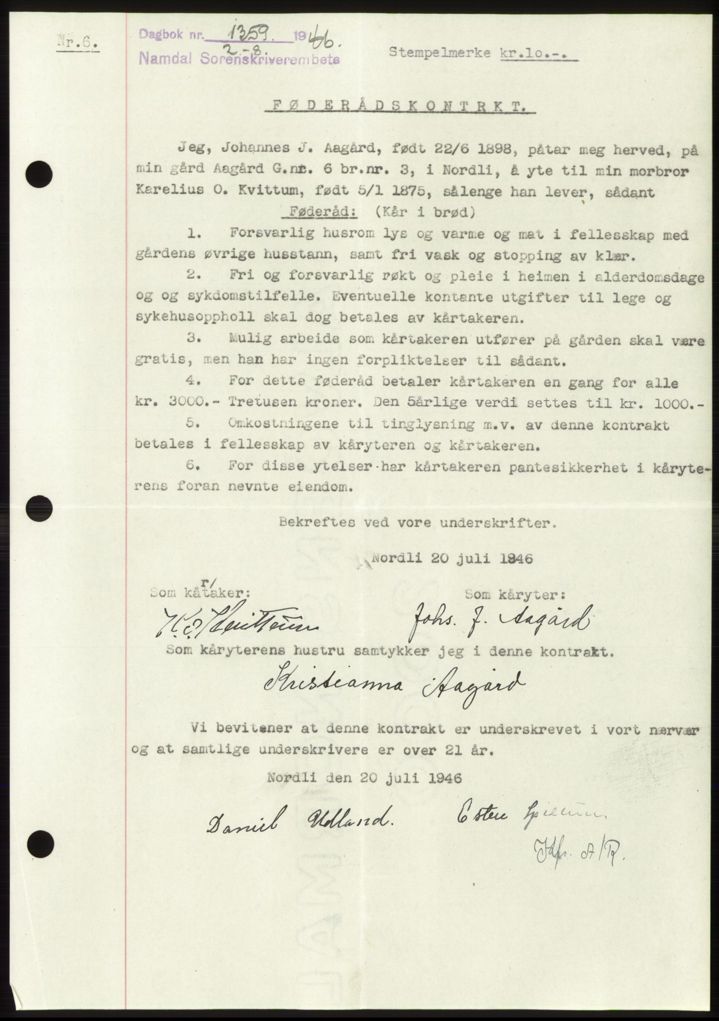 Namdal sorenskriveri, SAT/A-4133/1/2/2C: Pantebok nr. -, 1946-1946, Dagboknr: 1359/1946