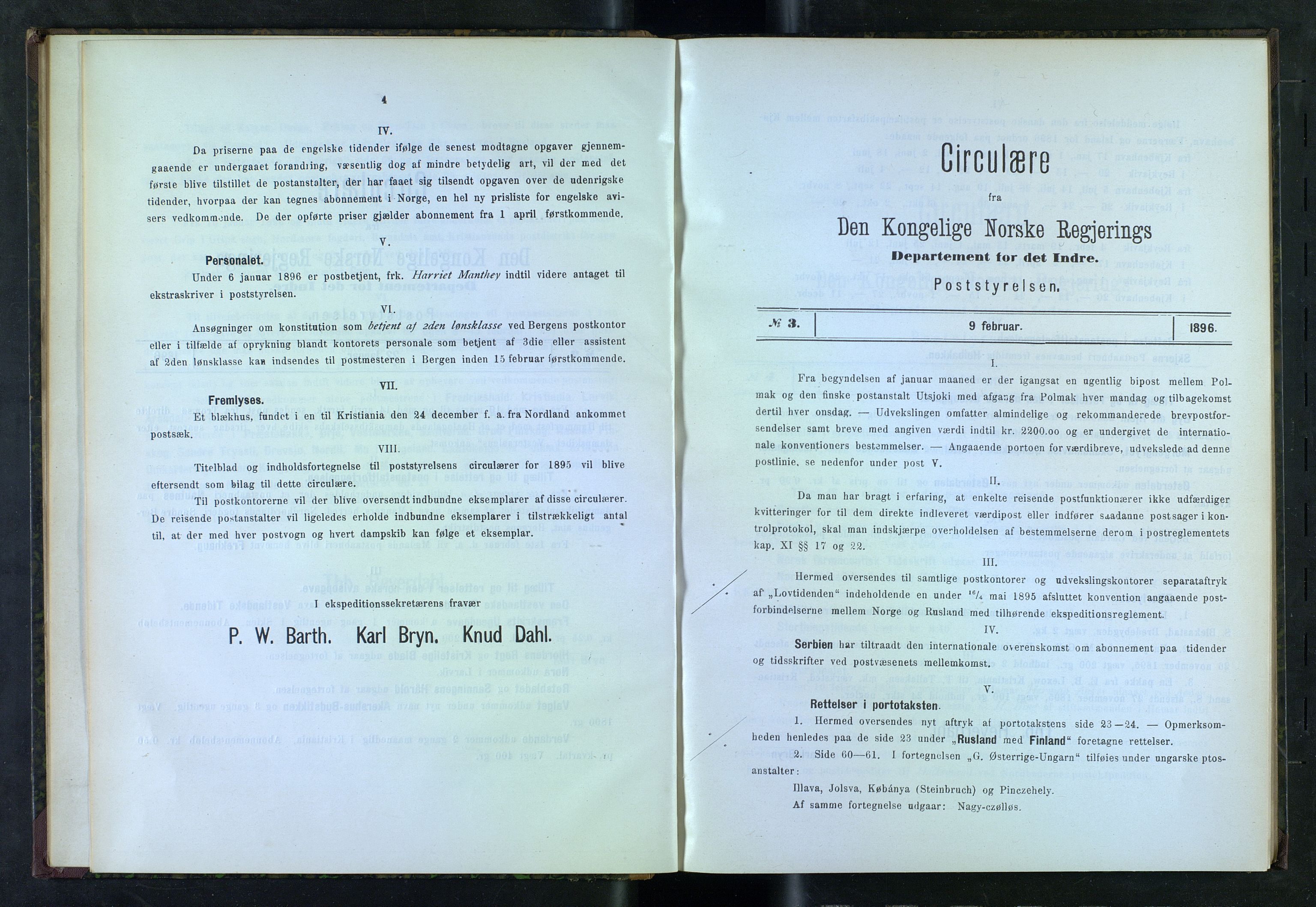 Norges Postmuseums bibliotek, NOPO/-/-/-: Sirkulærer fra Poststyrelsen, 1896