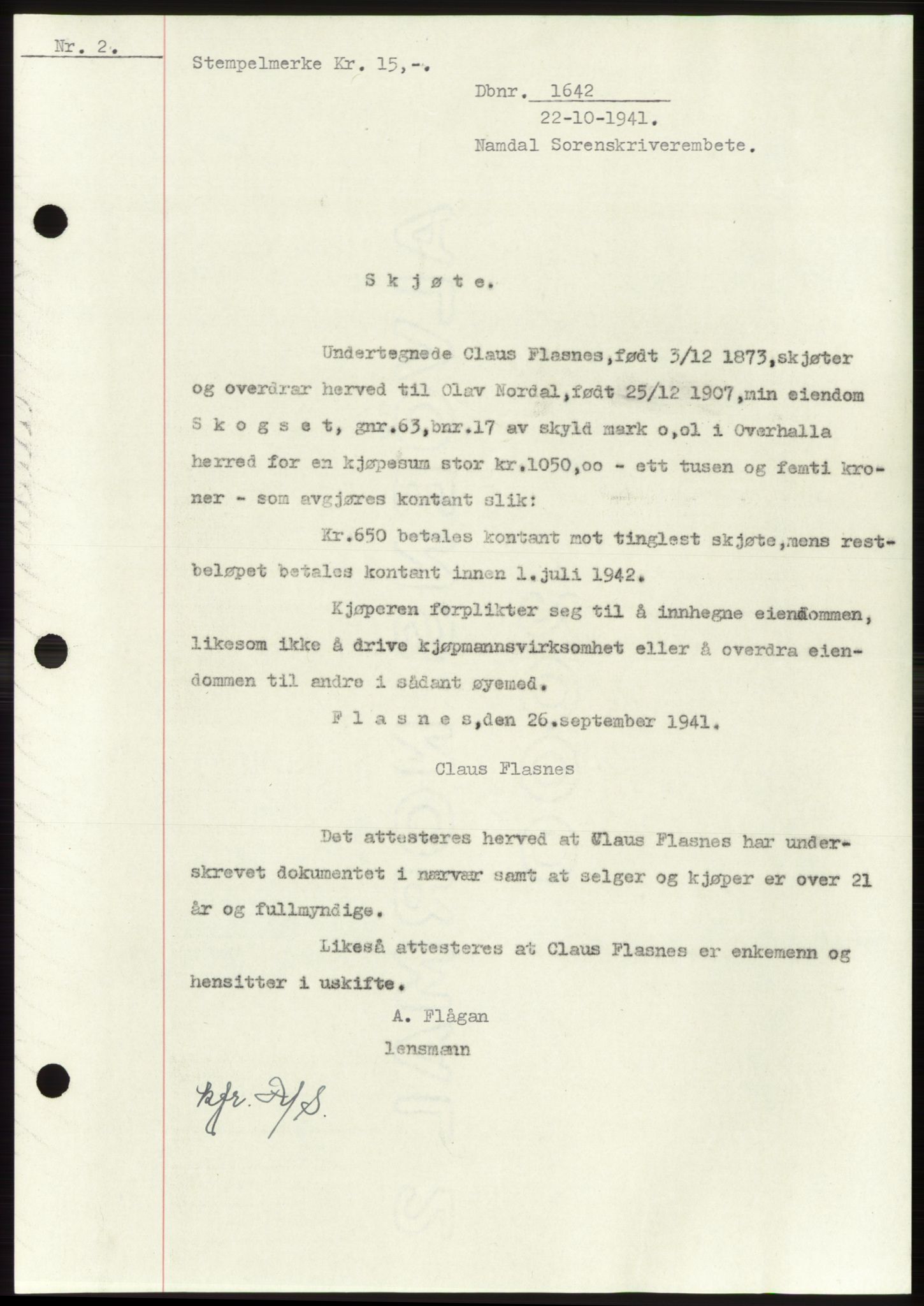 Namdal sorenskriveri, SAT/A-4133/1/2/2C: Pantebok nr. -, 1941-1942, Dagboknr: 1642/1941
