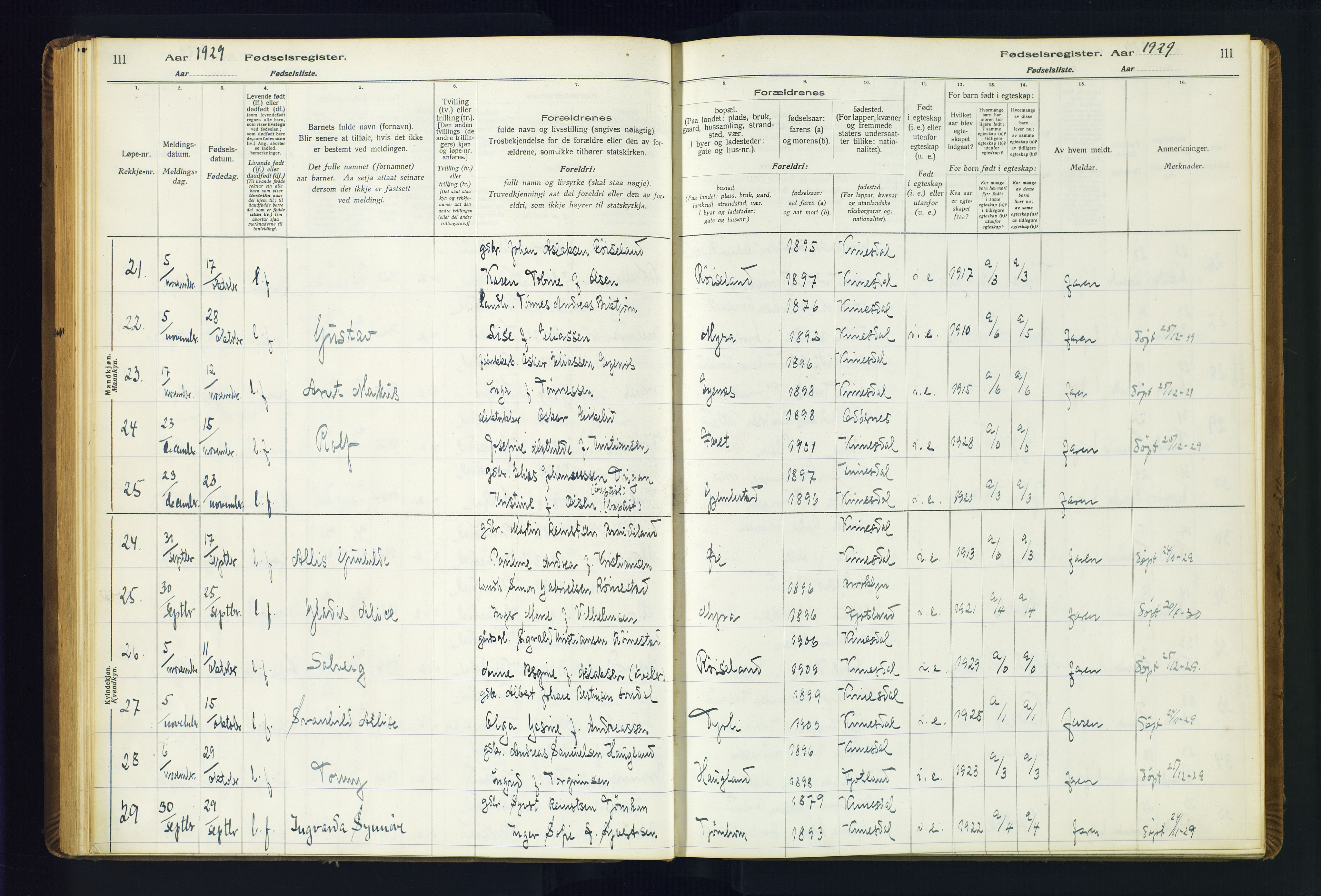 Kvinesdal sokneprestkontor, AV/SAK-1111-0026/J/Ja/L0001: Fødselsregister nr. 1, 1916-1941, s. 111