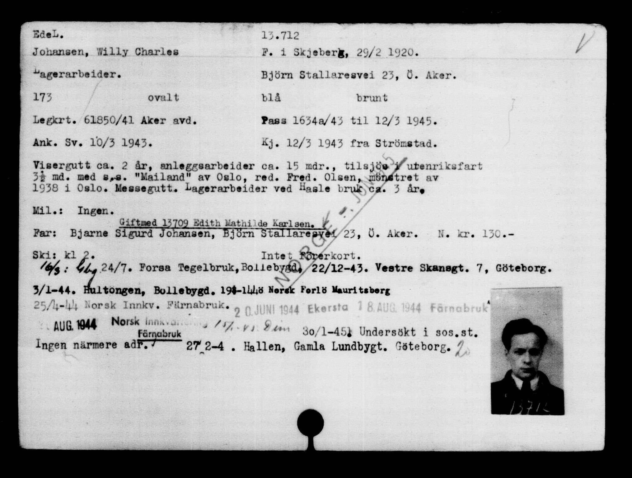 Utenriksstasjonene, Legasjonen i Stockholm, Flyktningkontoret, AV/RA-S-6753/V/Va/L0007: Kjesäterkartoteket, flyktninger med registreringsnr. 12700-15723, 1940-1945, s. 1148