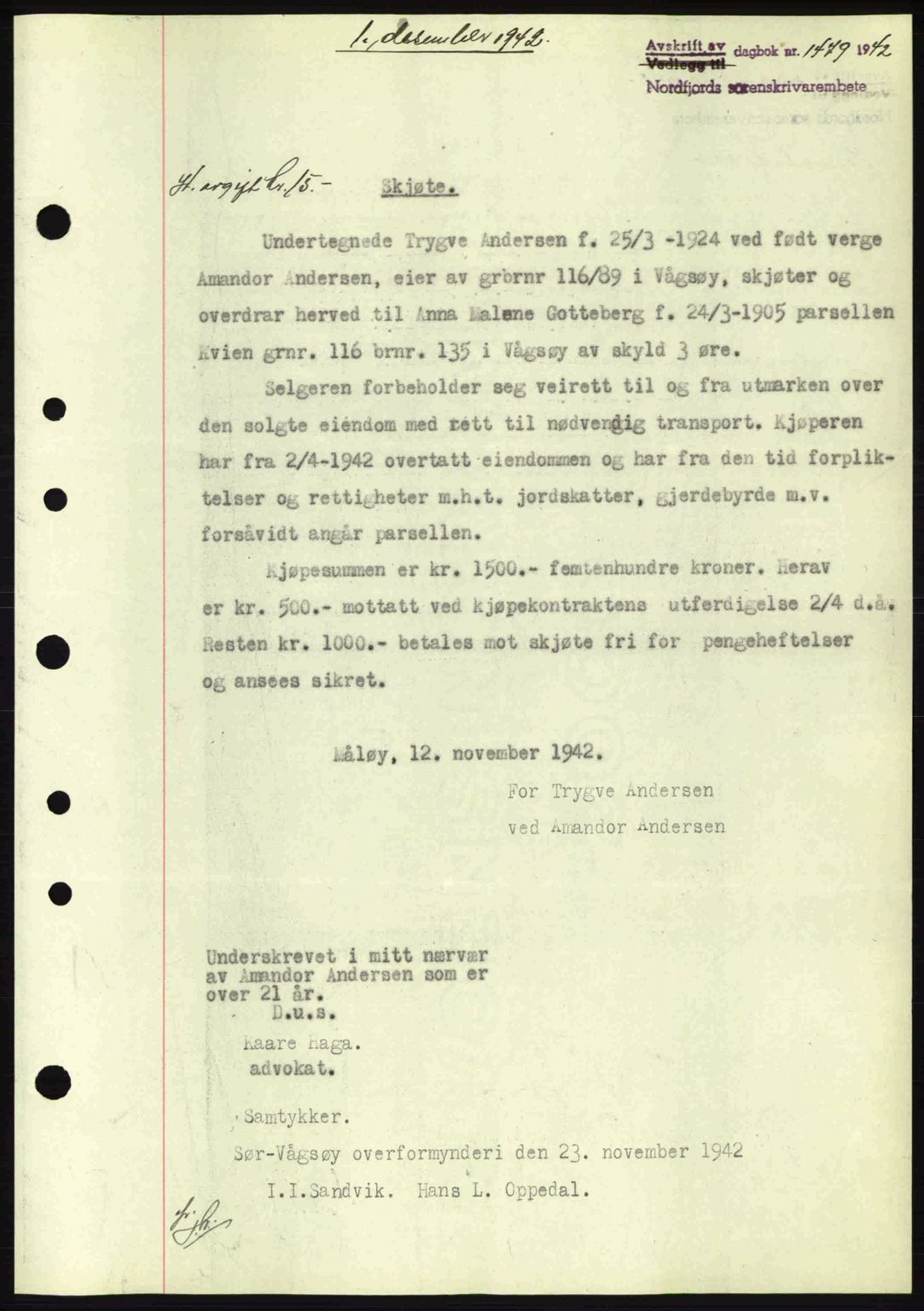 Nordfjord sorenskriveri, SAB/A-2801/02/02b/02bj/L0007: Pantebok nr. A7, 1941-1943, Dagboknr: 1479/1942