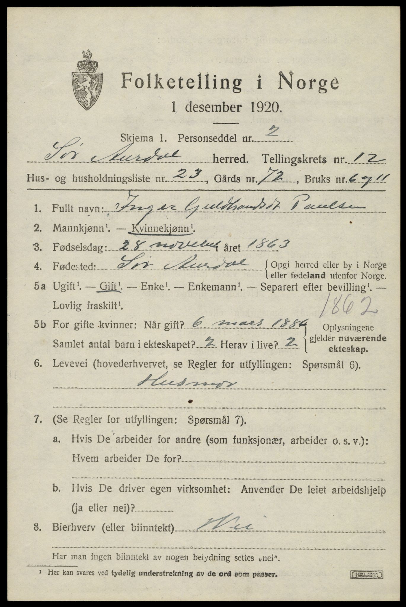 SAH, Folketelling 1920 for 0540 Sør-Aurdal herred, 1920, s. 6993