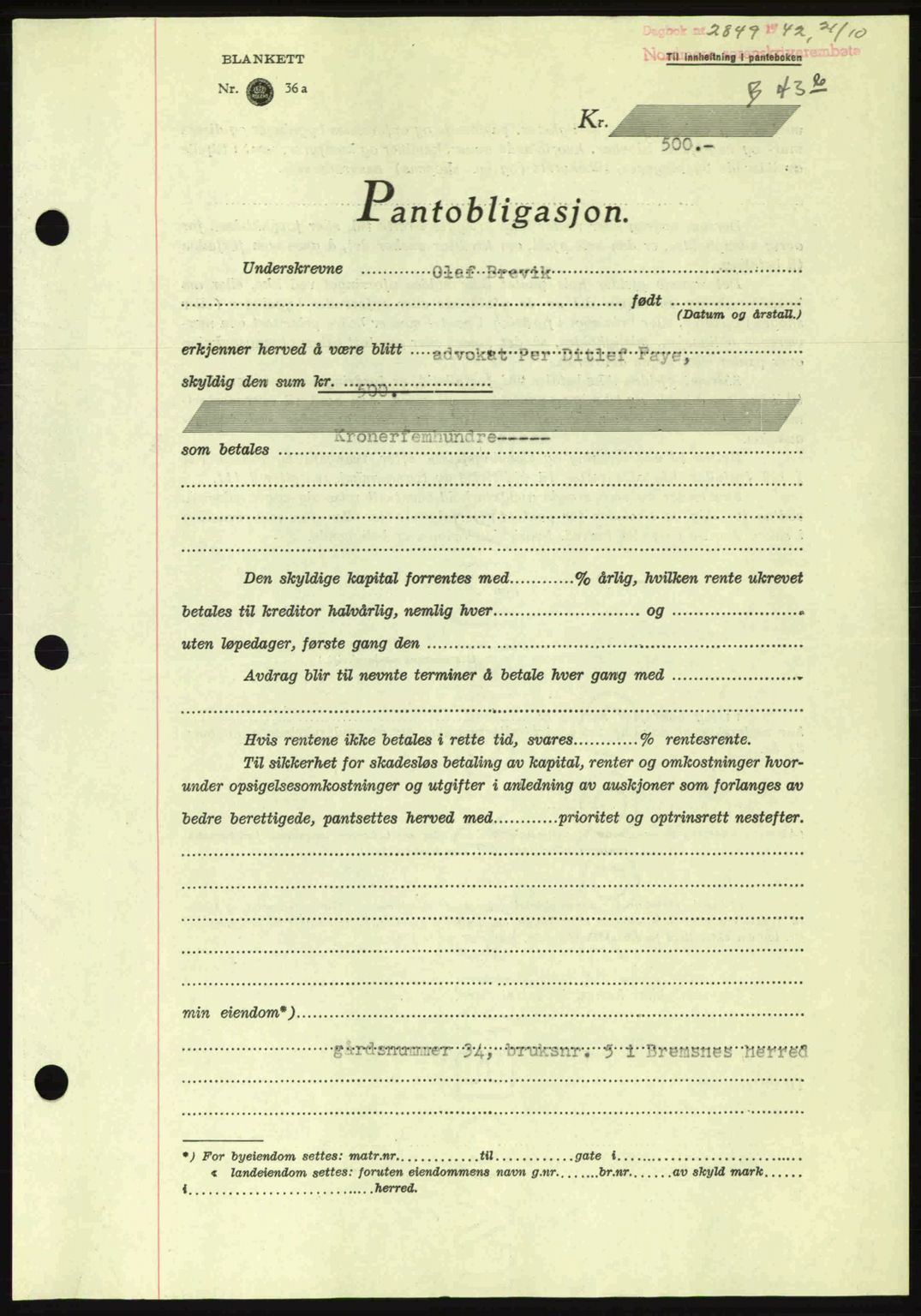 Nordmøre sorenskriveri, SAT/A-4132/1/2/2Ca: Pantebok nr. B90, 1942-1943, Dagboknr: 2849/1942