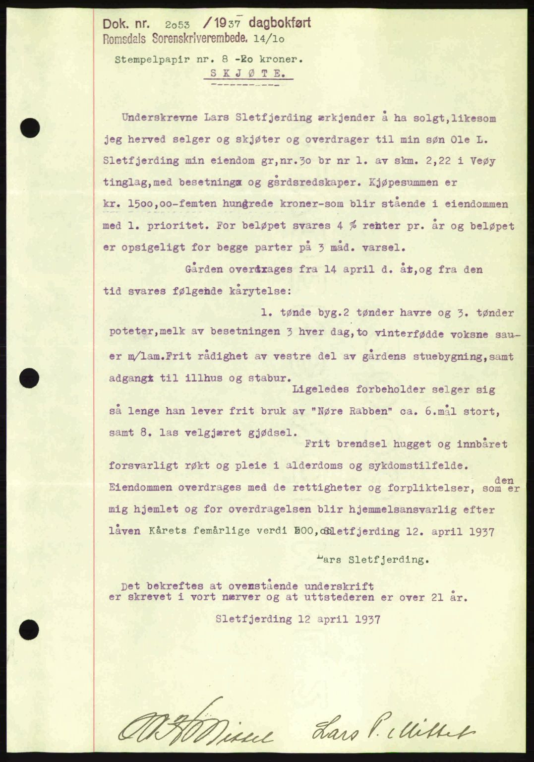 Romsdal sorenskriveri, SAT/A-4149/1/2/2C: Pantebok nr. A4, 1937-1938, Dagboknr: 2053/1937