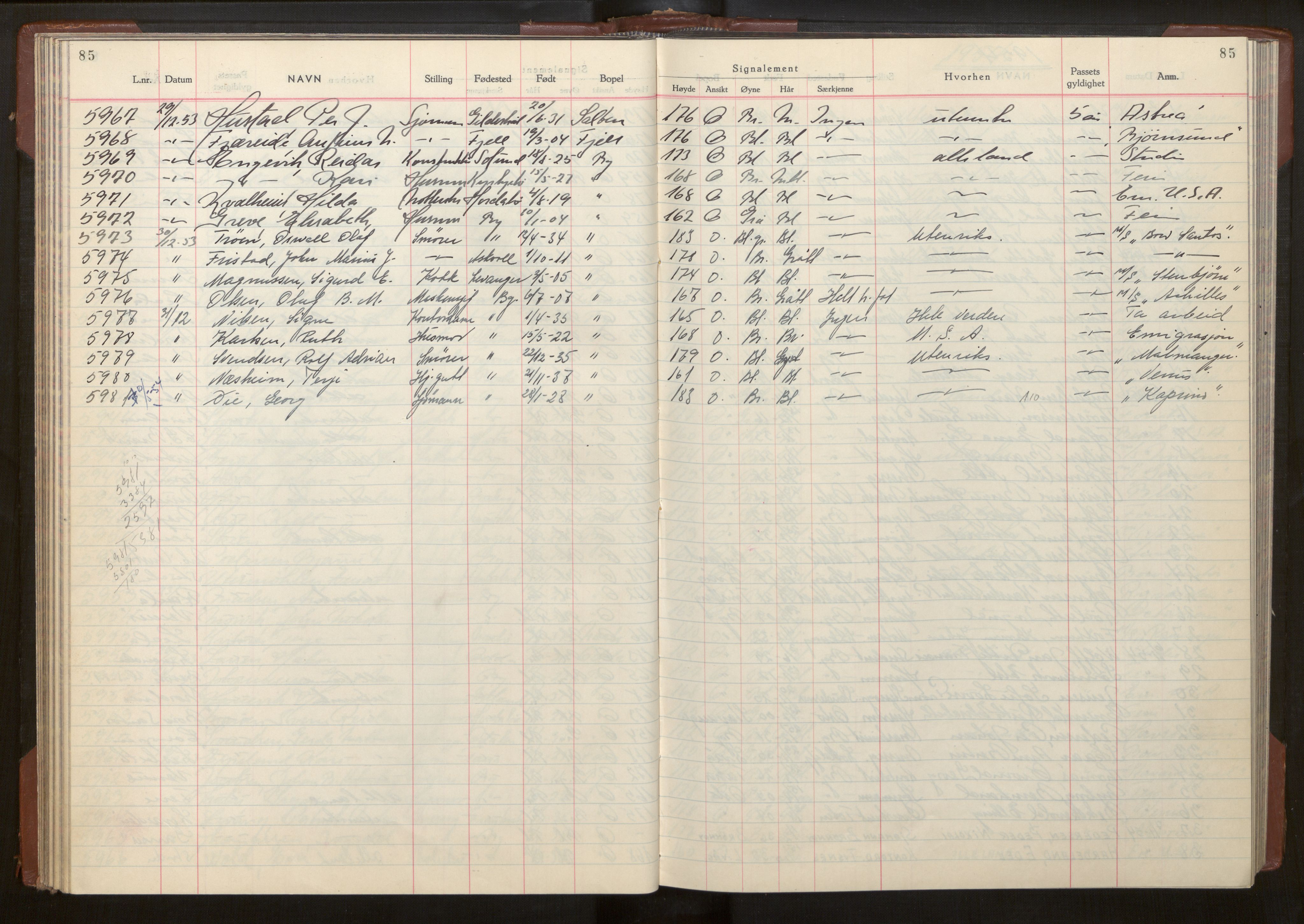 Bergen politikammer / politidistrikt, AV/SAB-A-60401/L/La/Lab/L0020: Passprotokoll, 1953-1955, s. 85