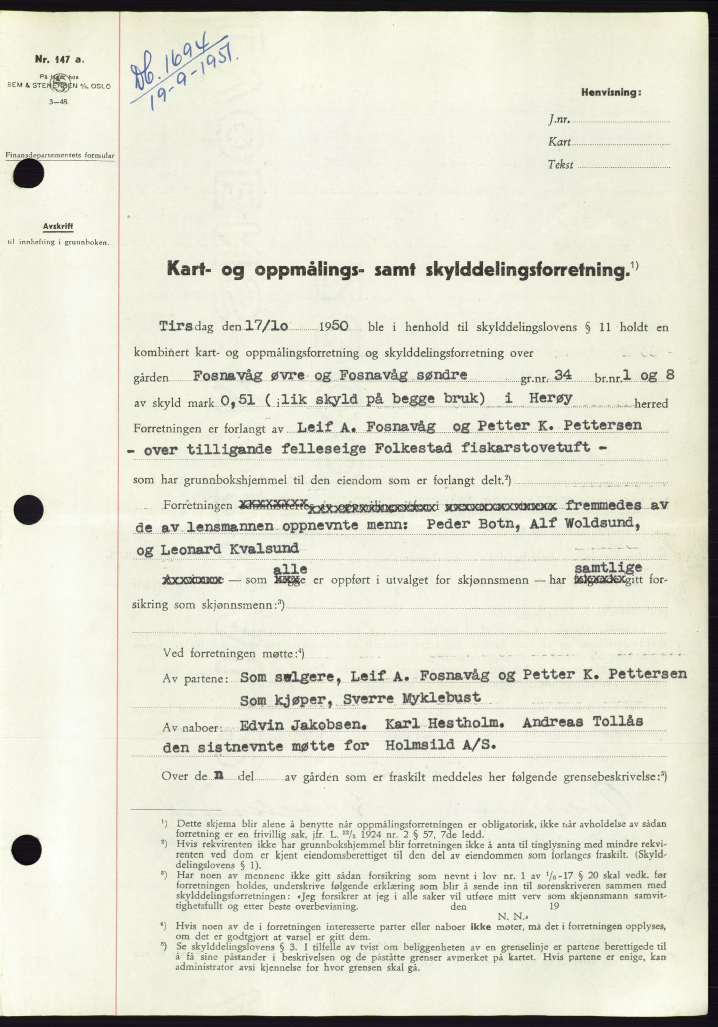 Søre Sunnmøre sorenskriveri, SAT/A-4122/1/2/2C/L0089: Pantebok nr. 15A, 1951-1951, Dagboknr: 1694/1951