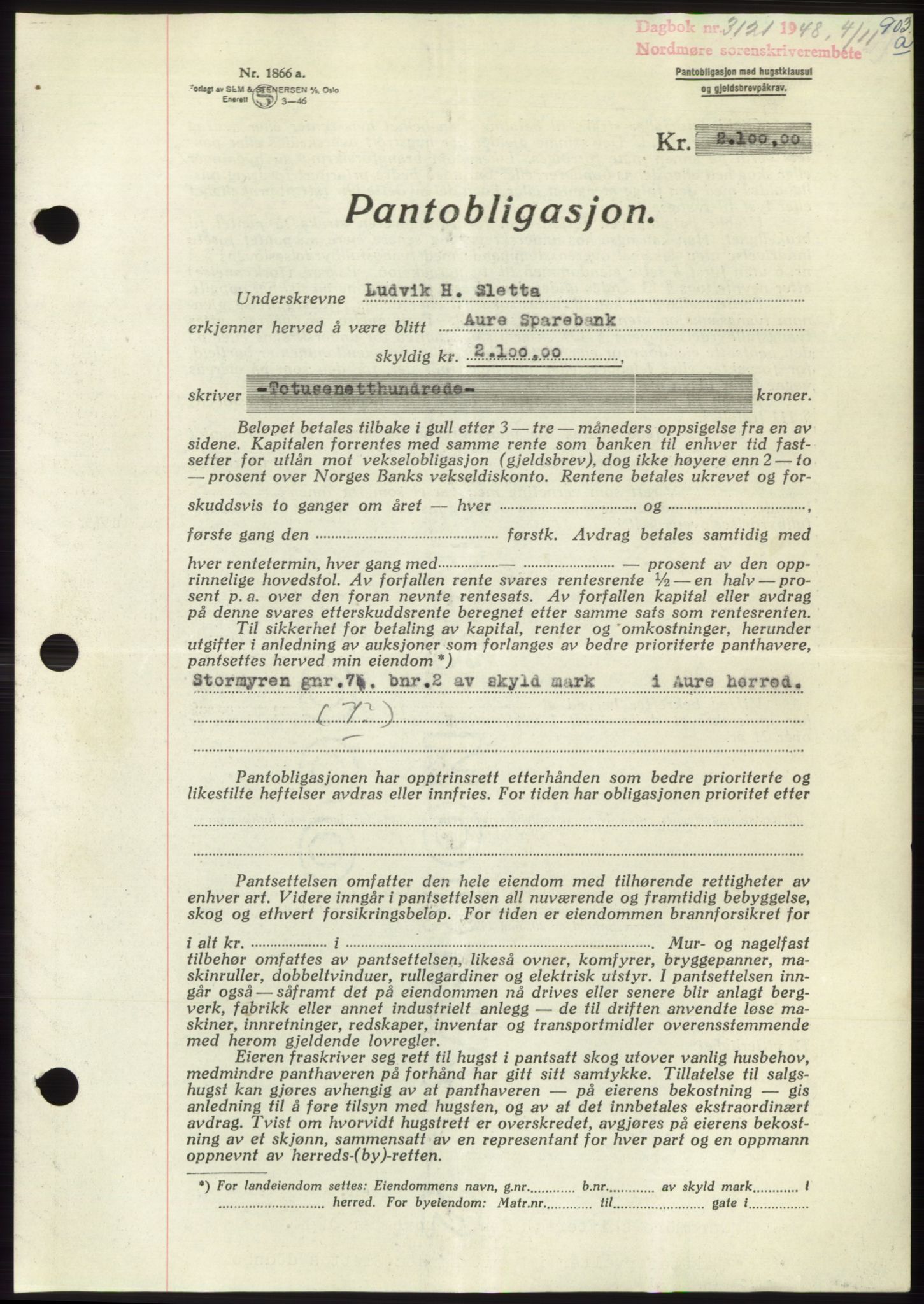 Nordmøre sorenskriveri, SAT/A-4132/1/2/2Ca: Pantebok nr. B99, 1948-1948, Dagboknr: 3121/1948